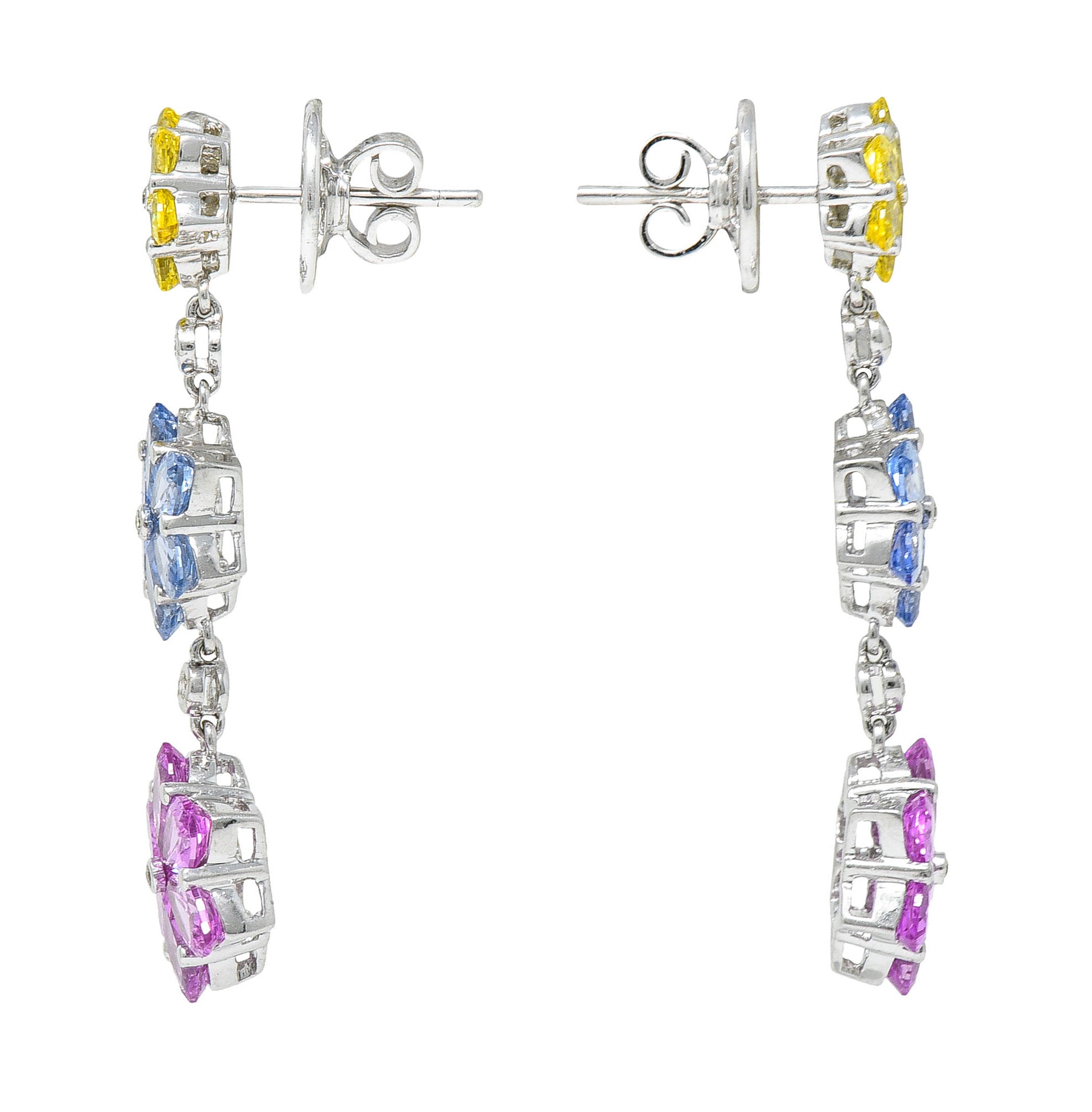 Contemporary 6.15 CTW Colored Sapphire Diamond 18 Karat White Gold Flower Drop EarringsEarrings - Wilson's Estate Jewelry