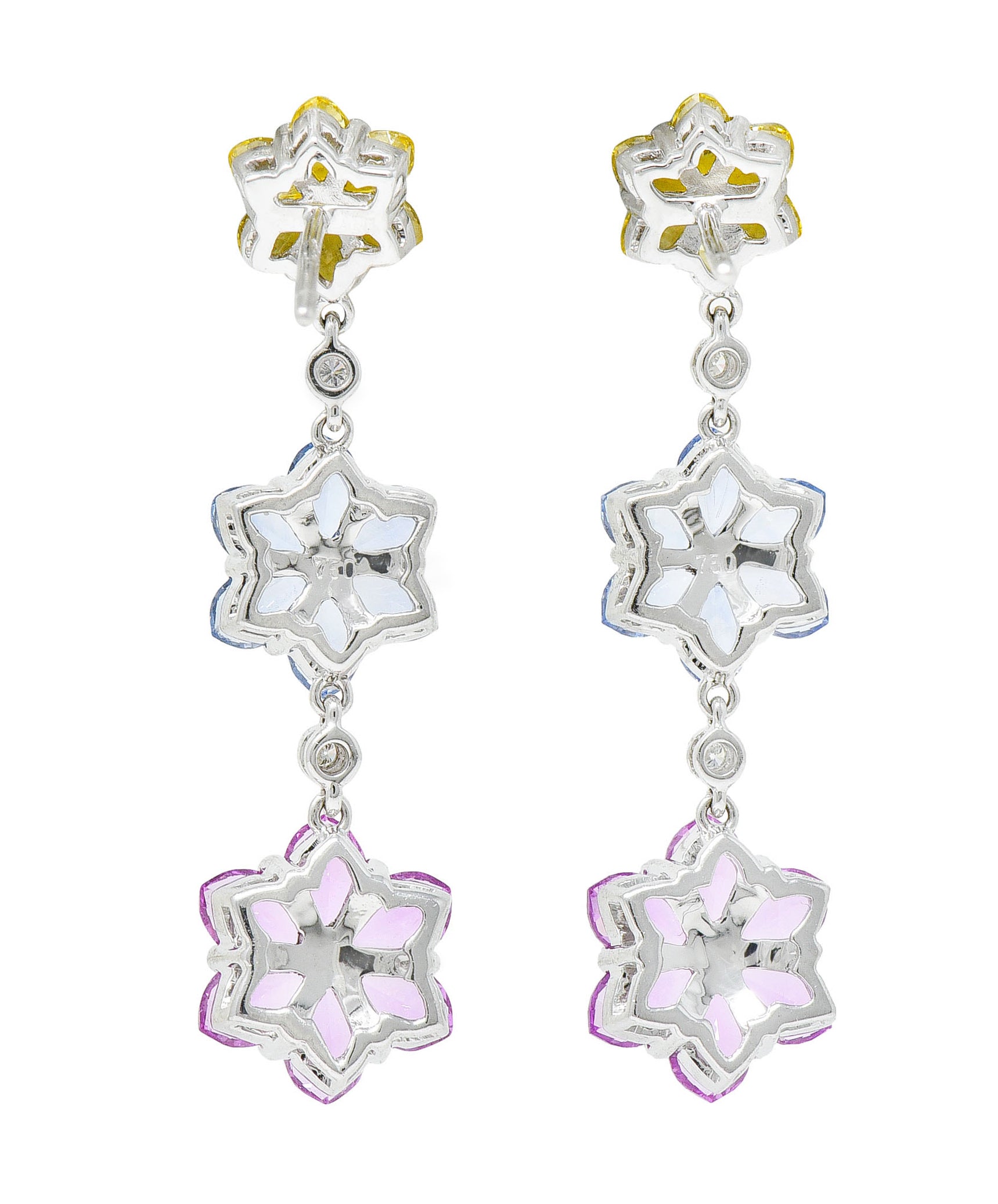 Contemporary 6.15 CTW Colored Sapphire Diamond 18 Karat White Gold Flower Drop EarringsEarrings - Wilson's Estate Jewelry