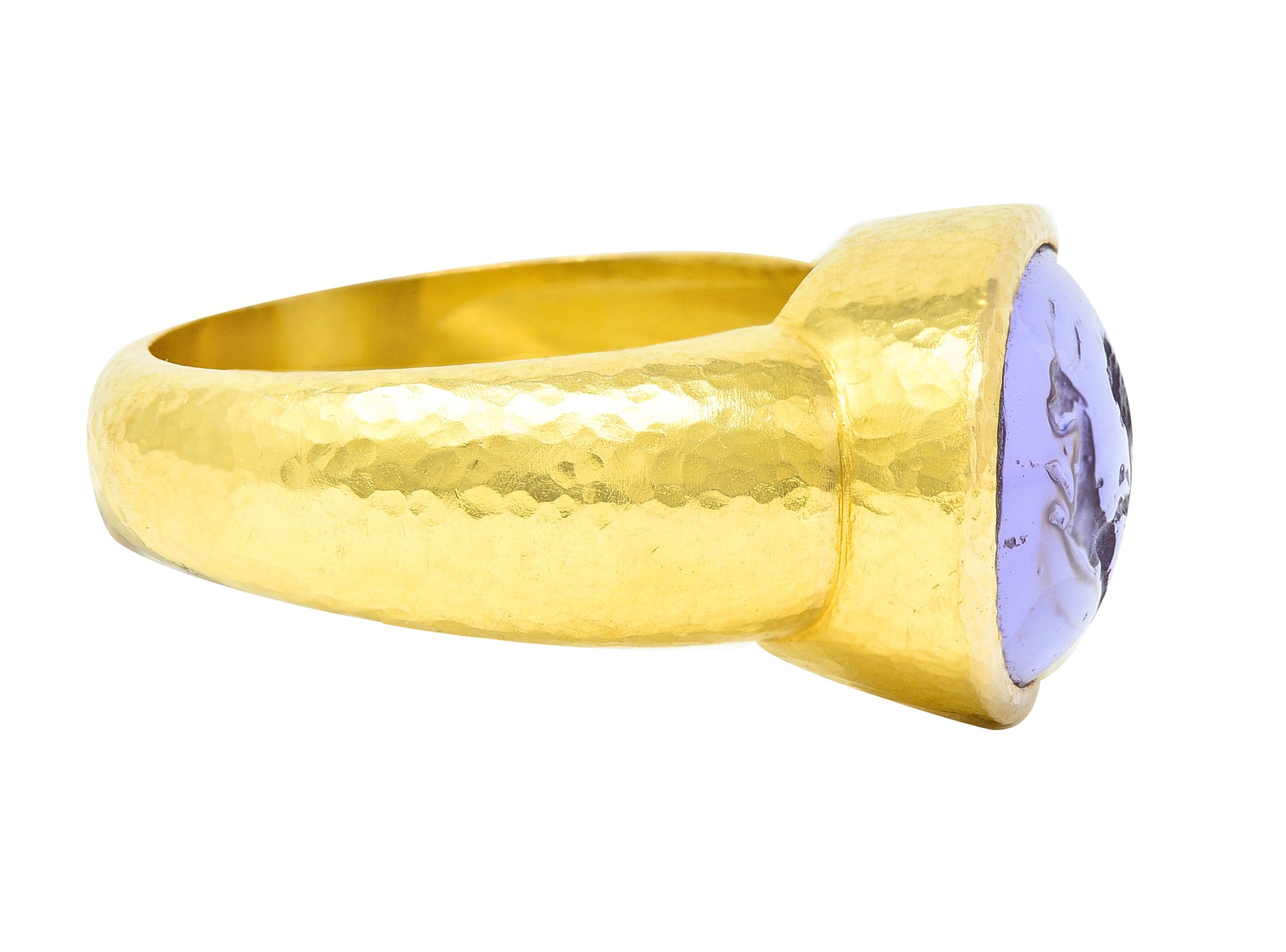 Elizabeth Locke Lavender Venetian Glass Mother-Of-Pearl 18 Karat Yellow Gold Lion & Gazelle Intaglio Vintage Signet Ring Wilson's Estate Jewelry