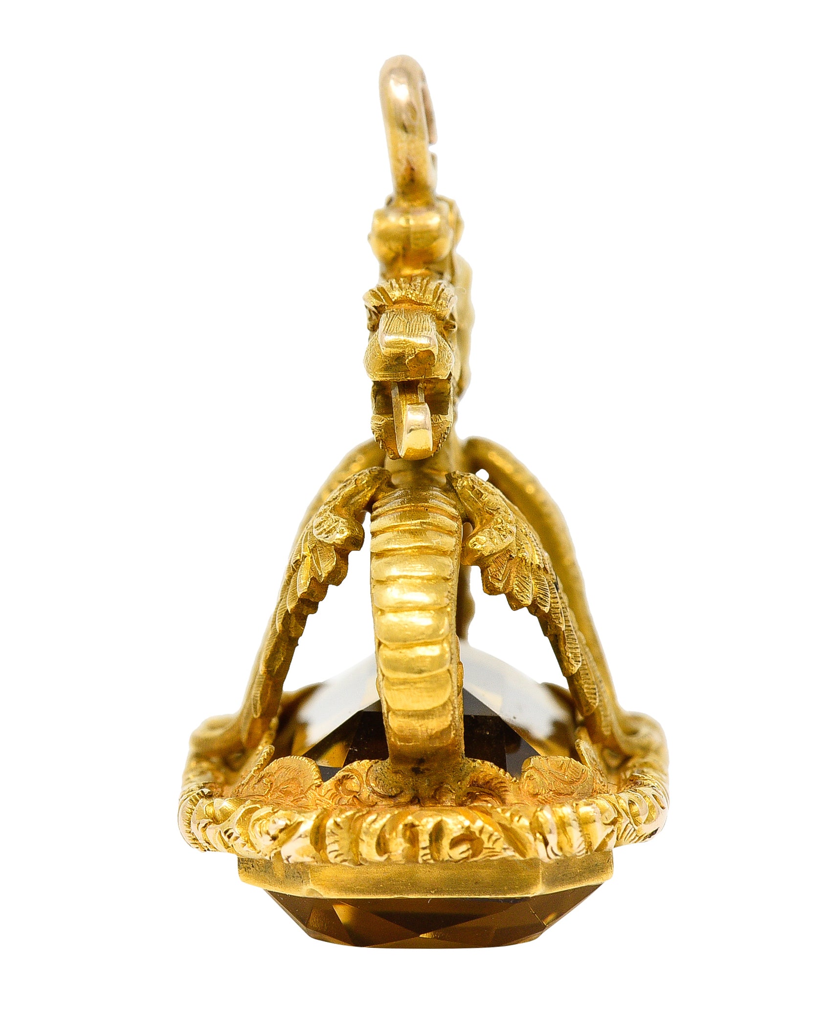 Art Nouveau Citrine 18 Karat Yellow Gold Serpent Dragon Fob Pendant Charm Wilson's Estate Jewelry