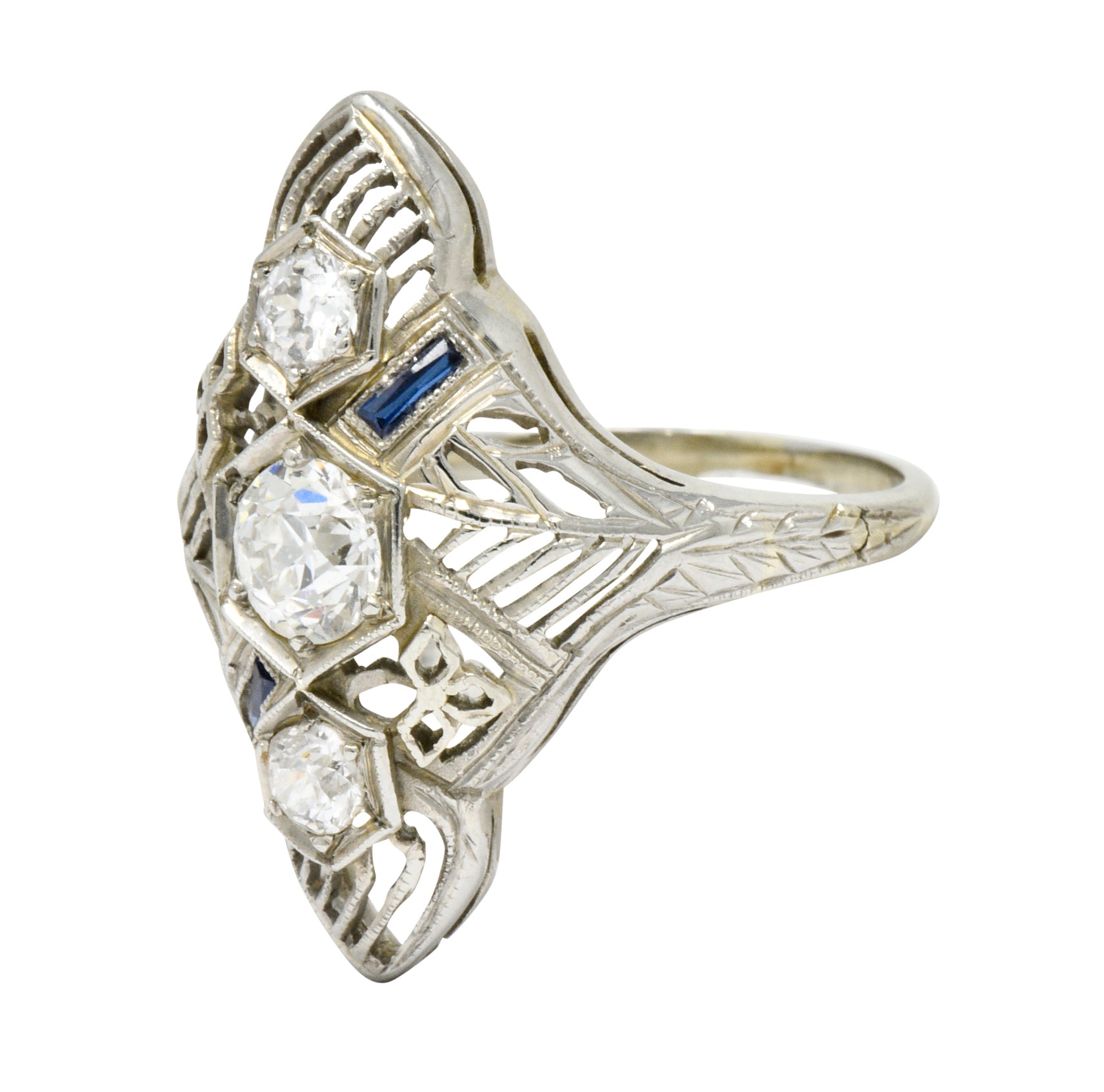 Art Deco 0.62 CTW Diamond Sapphire 18 Karat White Gold Dinner Ring Wilson's Estate Jewelry