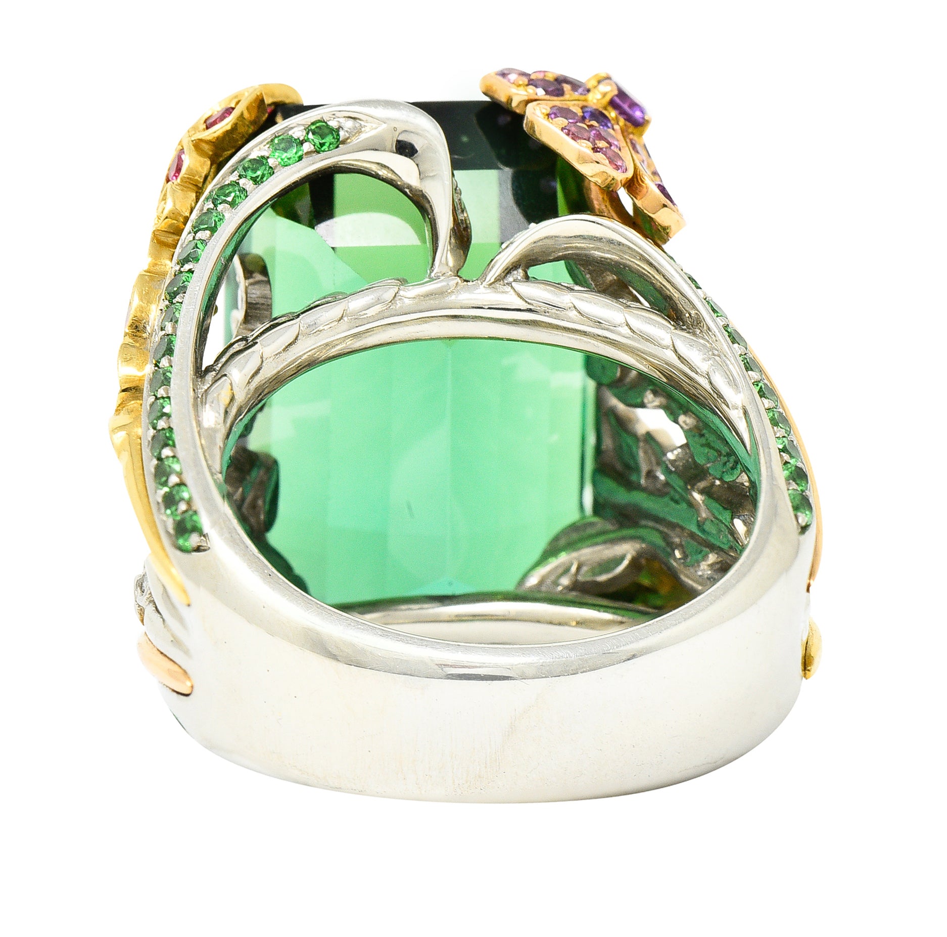 Substantial 28.59 CTW Tourmaline Sapphire Tsavorite Garnet Diamond 19 Karat Yellow Gold Contemporary Cocktail Ring Wilson's Estate Jewelry