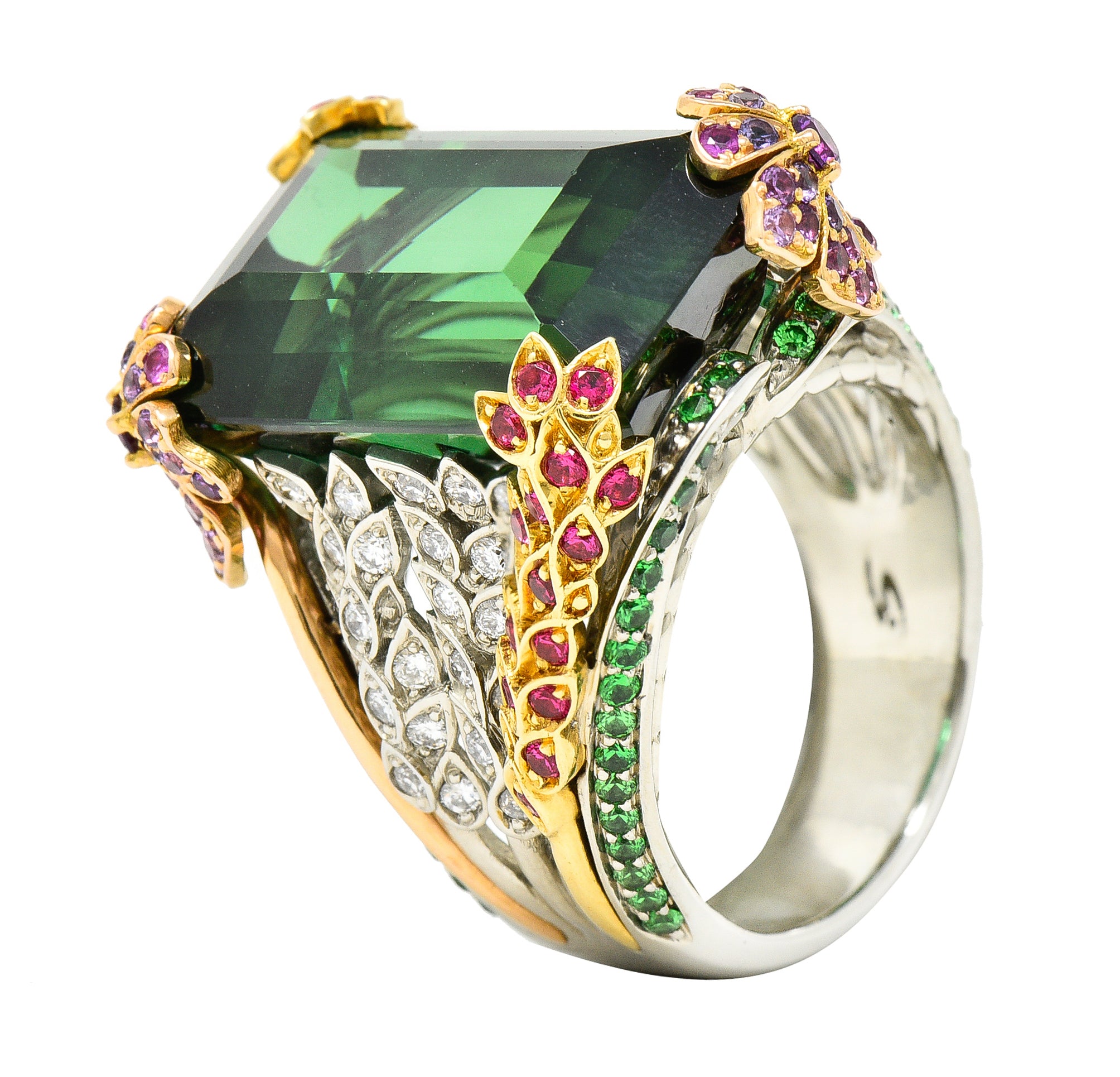 Substantial 28.59 CTW Tourmaline Sapphire Tsavorite Garnet Diamond 19 Karat Yellow Gold Contemporary Cocktail Ring Wilson's Estate Jewelry