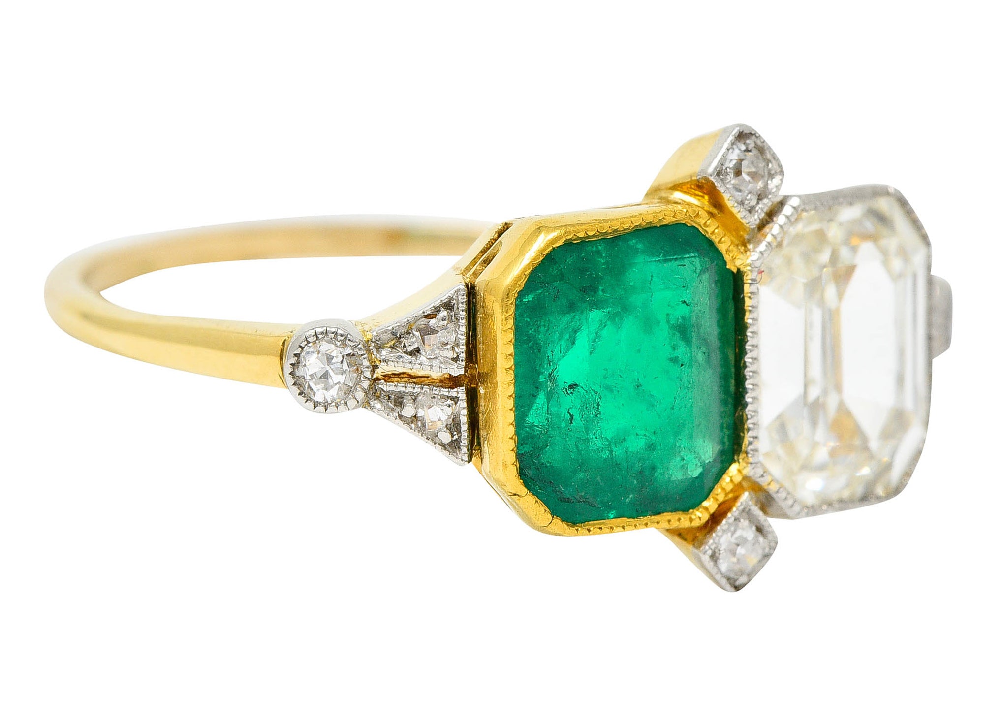 1920's Art Deco Diamond Emerald Platinum-Topped 18 Karat Gold Double RingRing - Wilson's Estate Jewelry