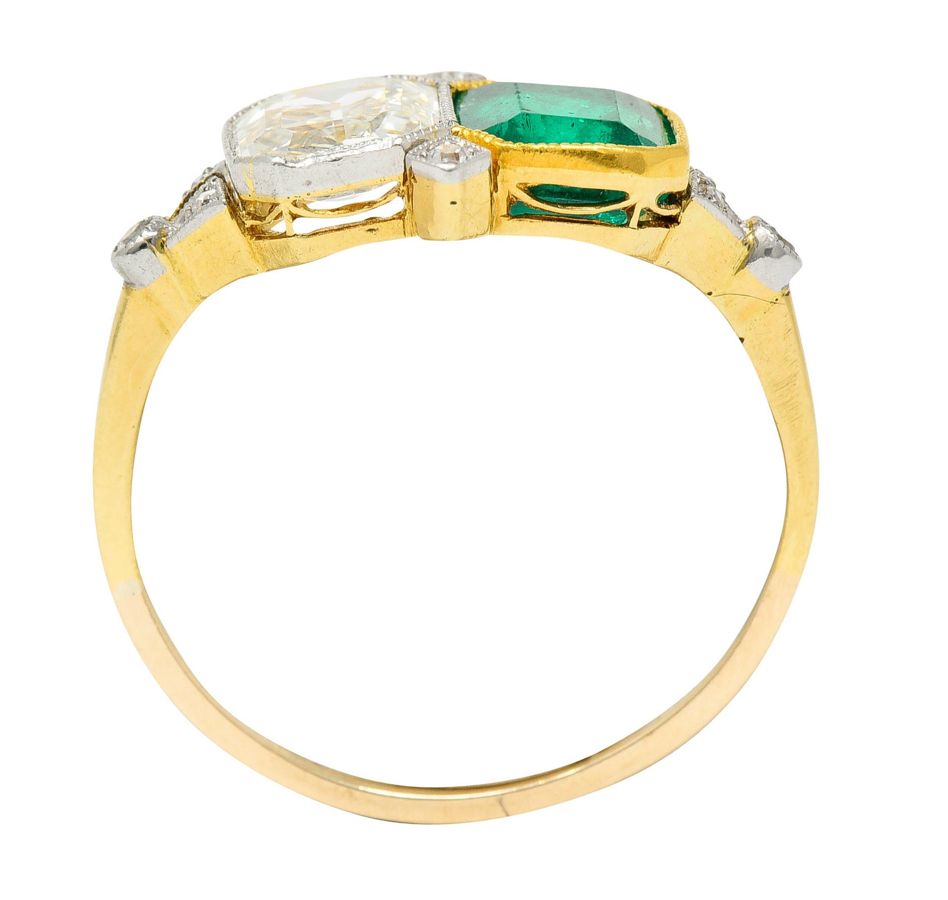 1920's Art Deco Diamond Emerald Platinum-Topped 18 Karat Gold Double RingRing - Wilson's Estate Jewelry