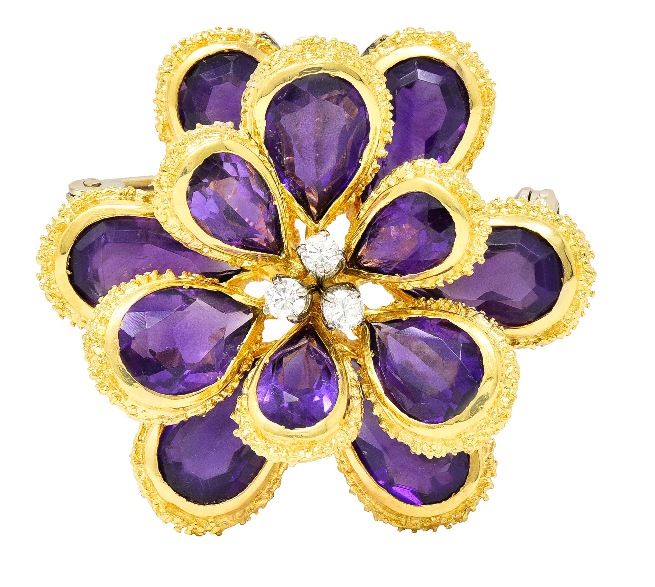 Vendorafa Lombardi 1960's Diamond Amethyst 18 Karat Two-Tone Gold Flower Vintage Pendant Brooch Wilson's Estate Jewelry