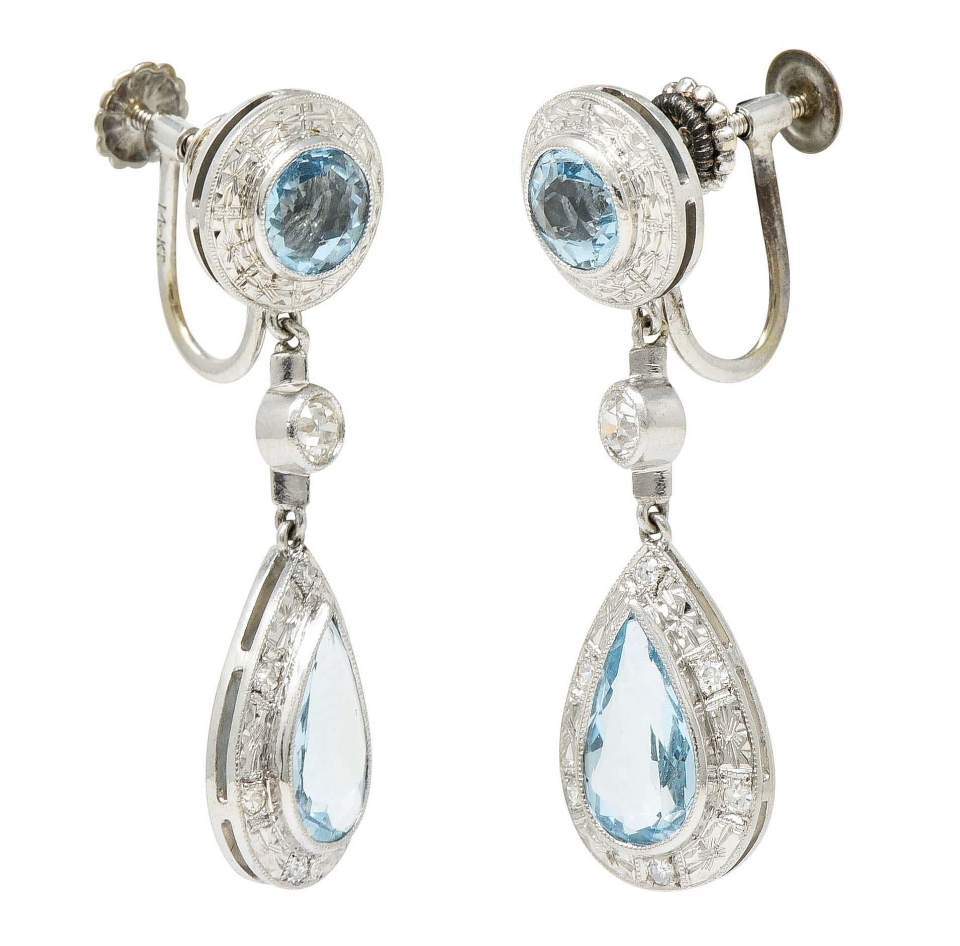 Art Deco Aquamarine Diamond Platinum Drop Screwback EarringsEarrings - Wilson's Estate Jewelry