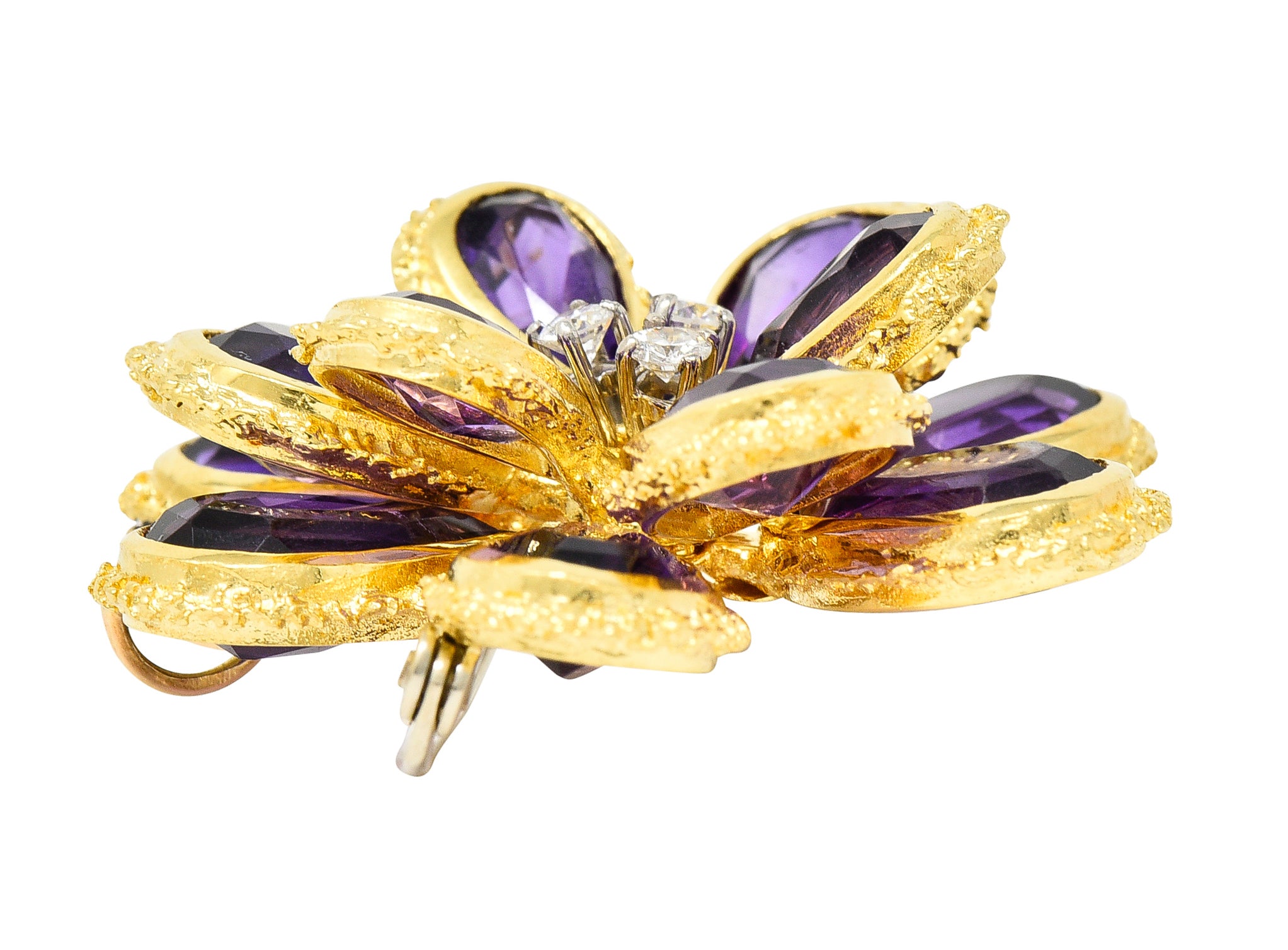 Vendorafa Lombardi 1960's Diamond Amethyst 18 Karat Two-Tone Gold Flower Vintage Pendant Brooch Wilson's Estate Jewelry