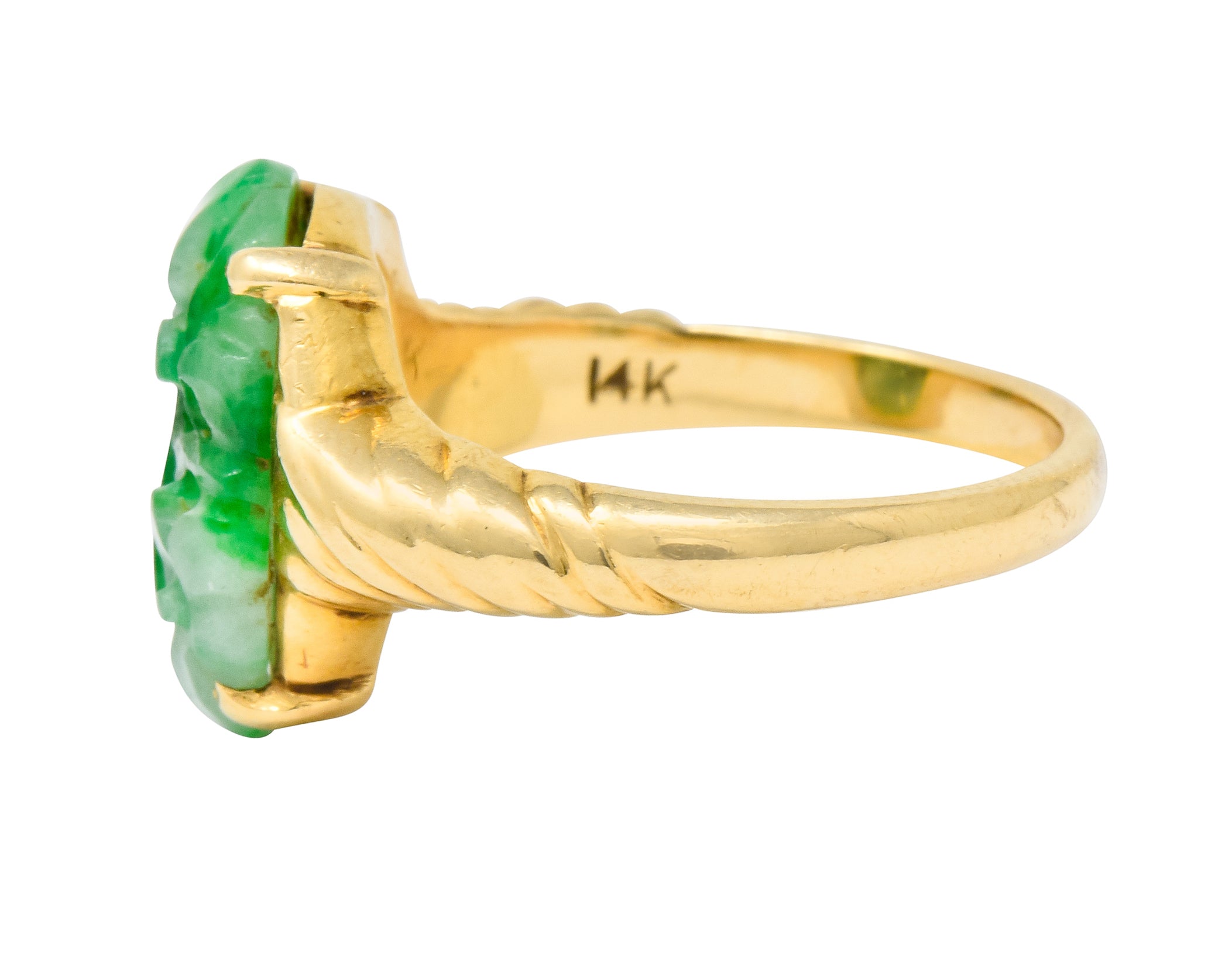 Tiffany & Co. Retro Carved Jade 14 Karat Gold Floral Ring - Wilson's Estate Jewelry