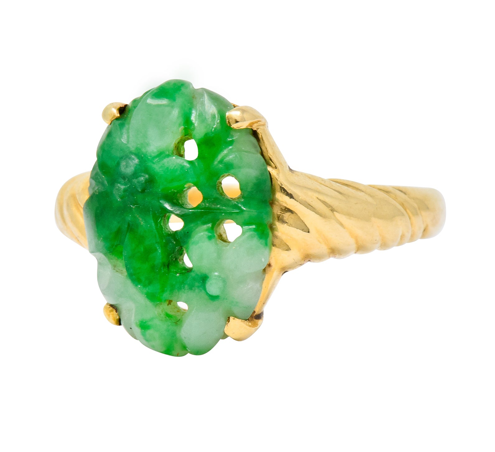 Tiffany & Co. Retro Carved Jade 14 Karat Gold Floral Ring - Wilson's Estate Jewelry