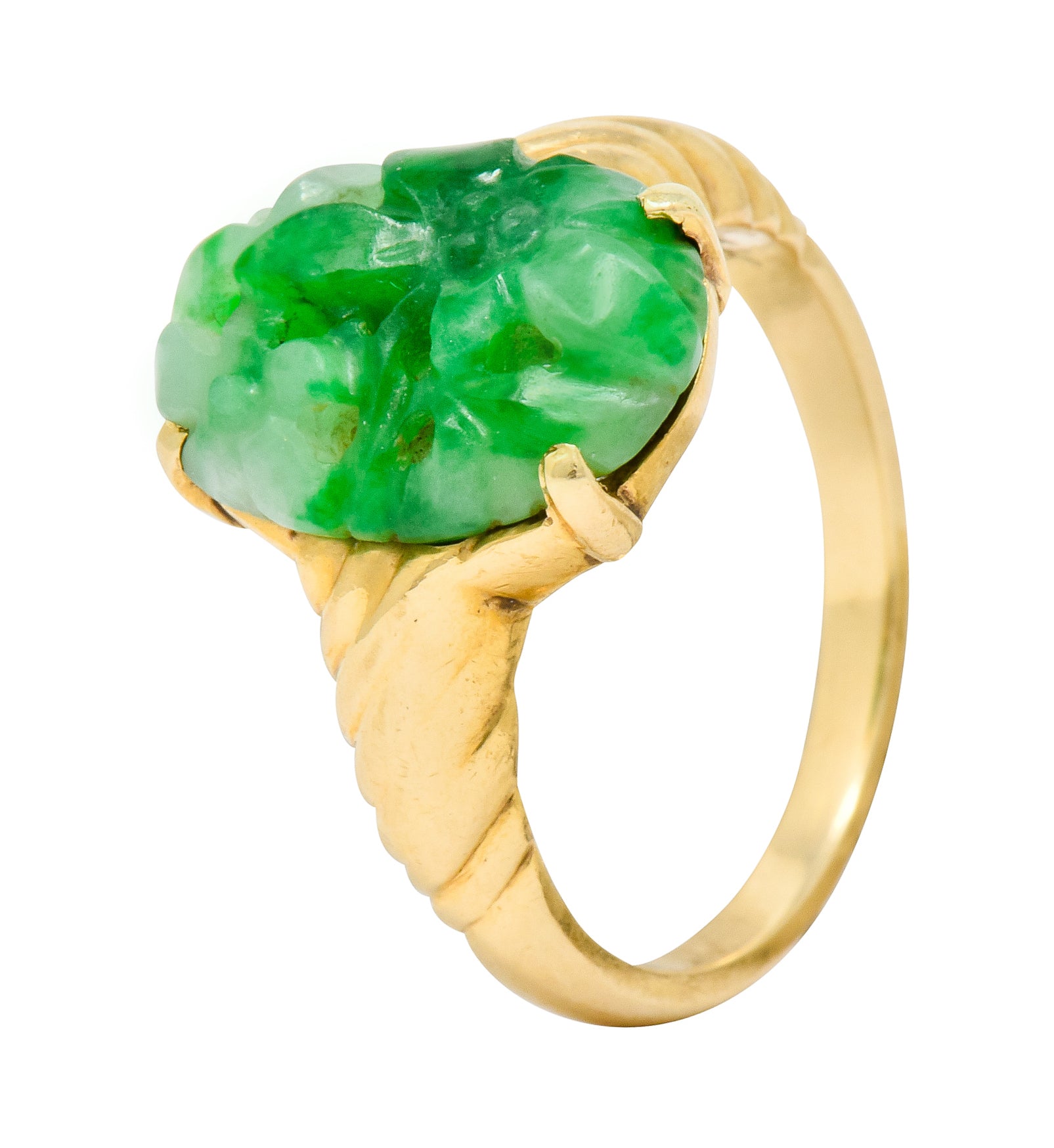 Tiffany & Co. Retro Carved Jade 14 Karat Gold Floral Ring - Wilson's Estate Jewelry