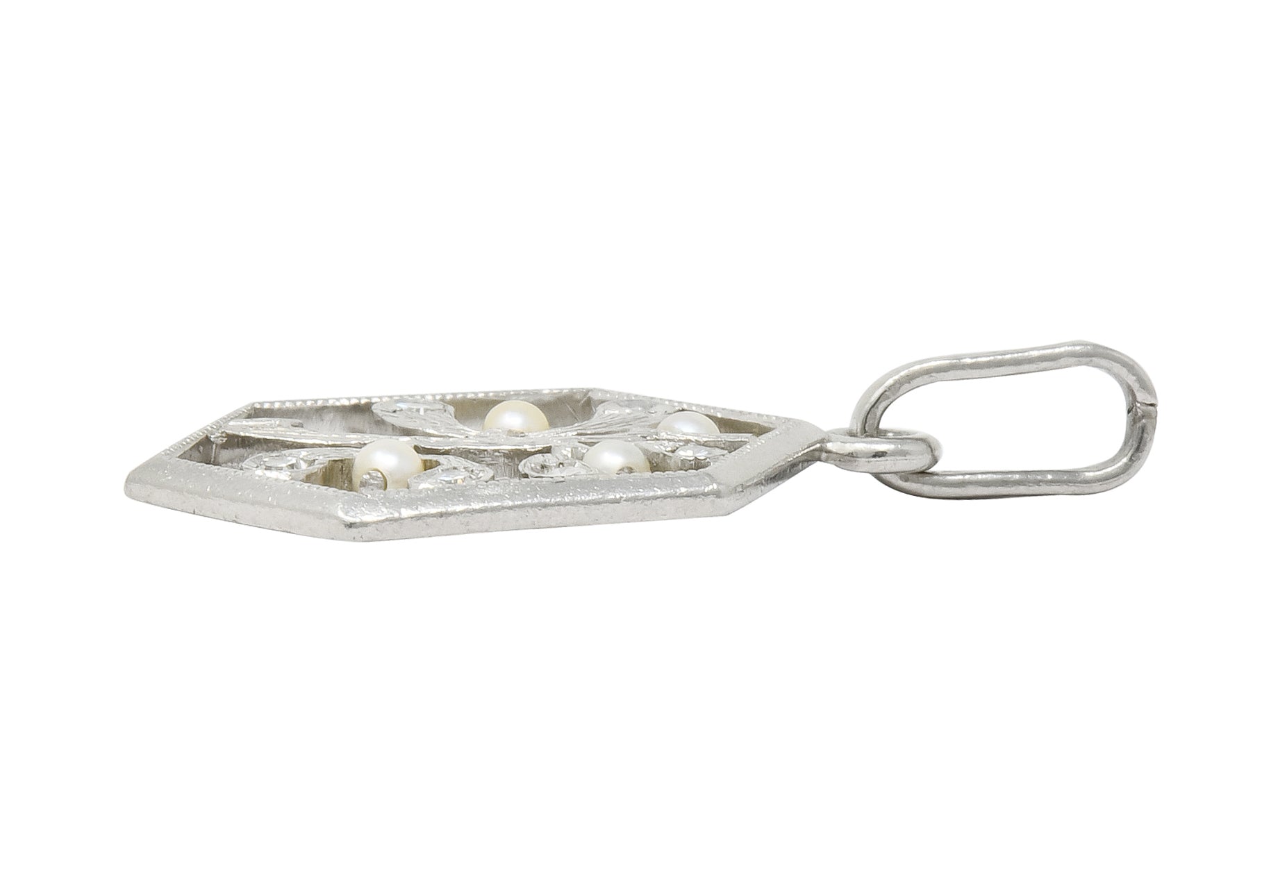 Edwardian Diamond Seed Pearl Platinum Hexagonal Maple Branch Charm - Wilson's Estate Jewelry