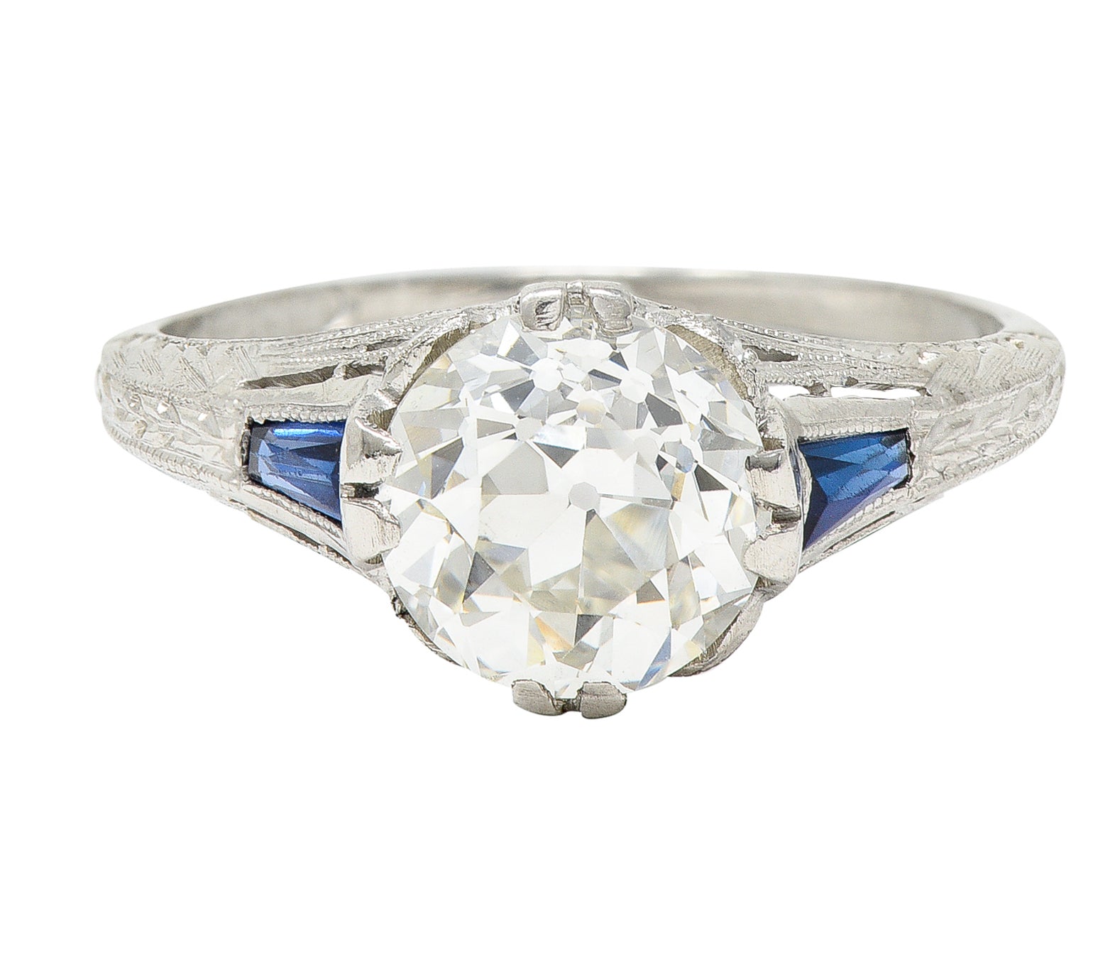 Art Deco 1.95 CTW Diamond Sapphire Platinum Engagement Ring GIA Wilson's Estate Jewelry