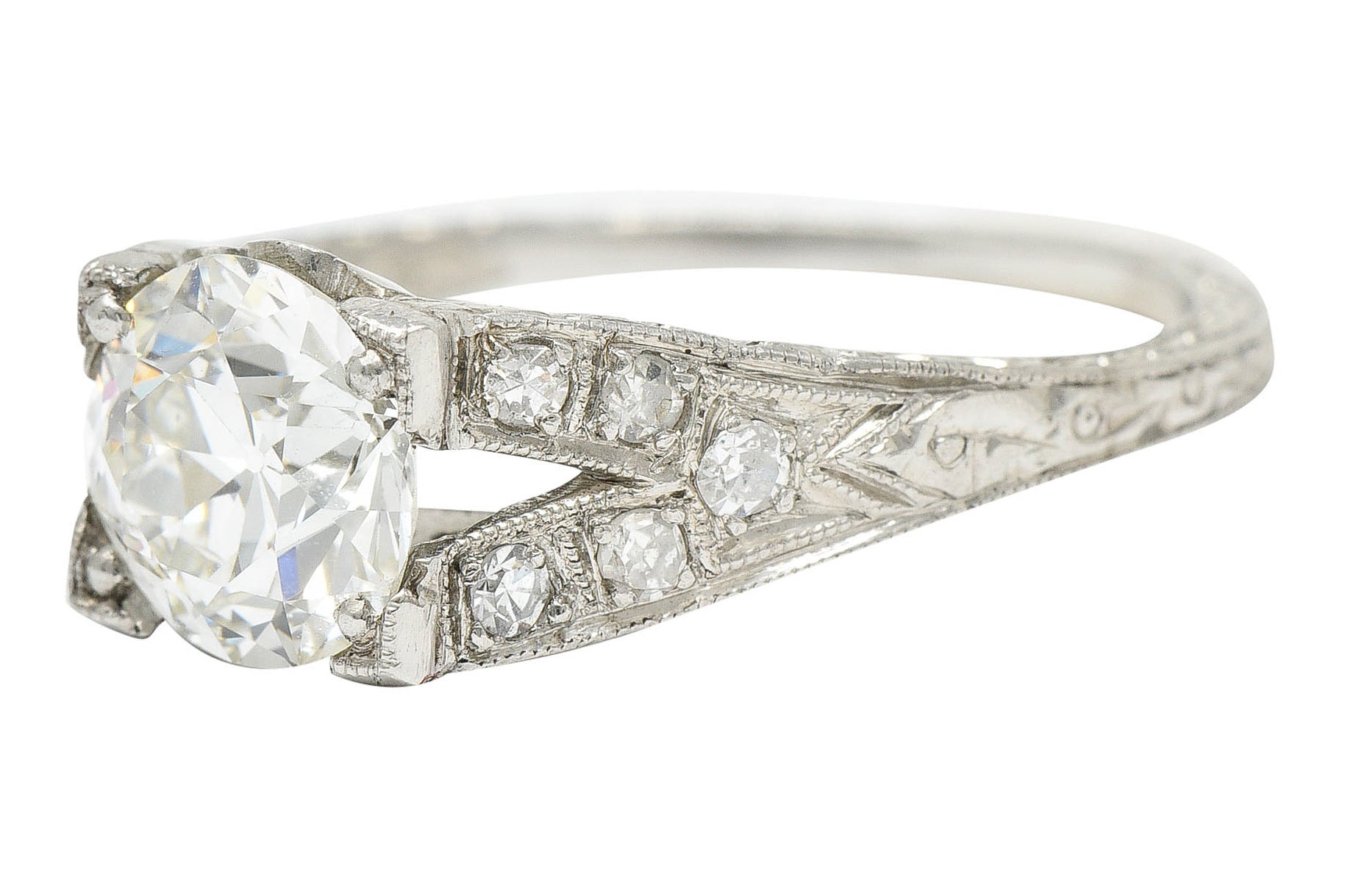 1930's Art Deco 1.68 CTW Diamond Platinum Lotus Engagement Ring GIARing - Wilson's Estate Jewelry