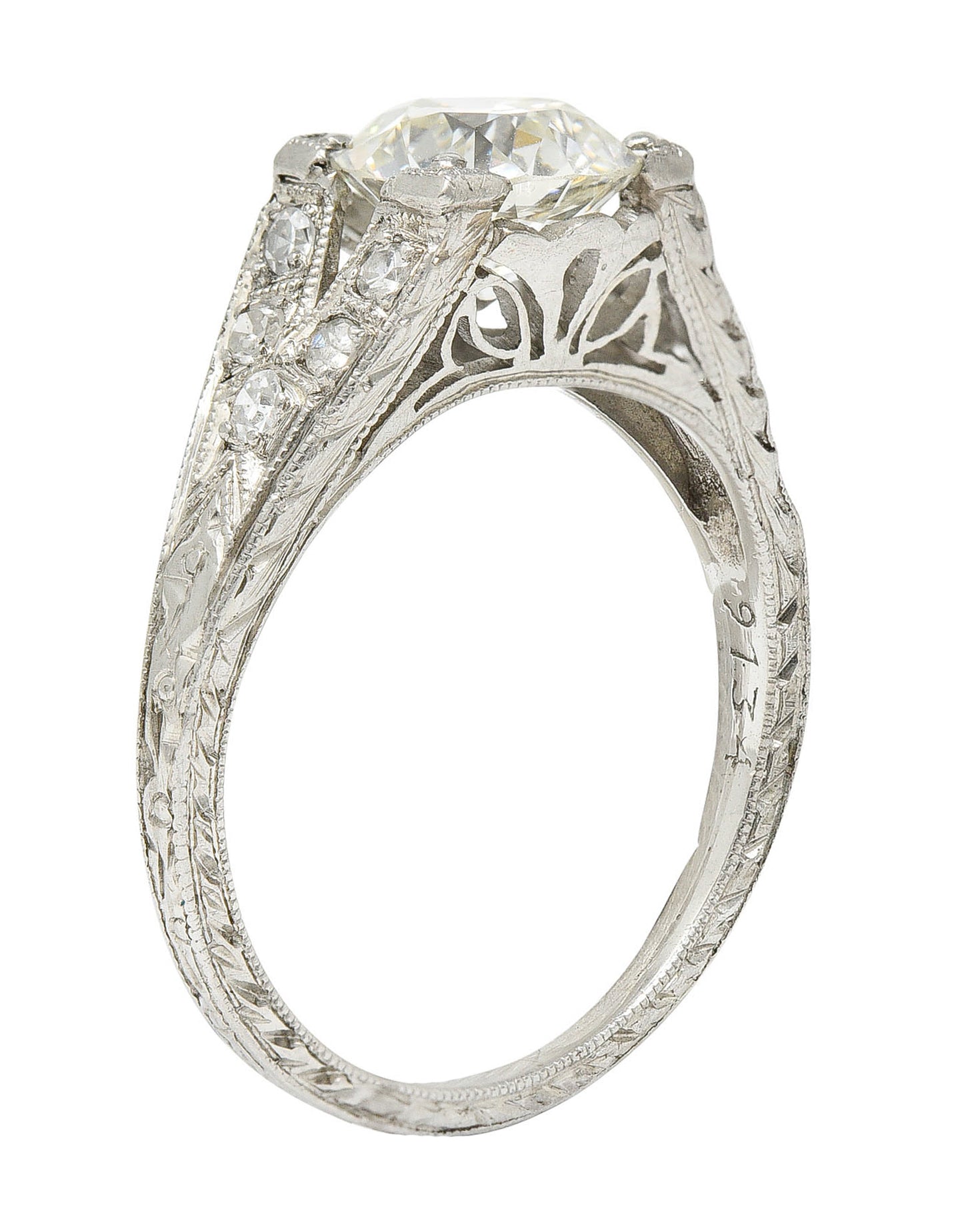 1930's Art Deco 1.68 CTW Diamond Platinum Lotus Engagement Ring GIARing - Wilson's Estate Jewelry