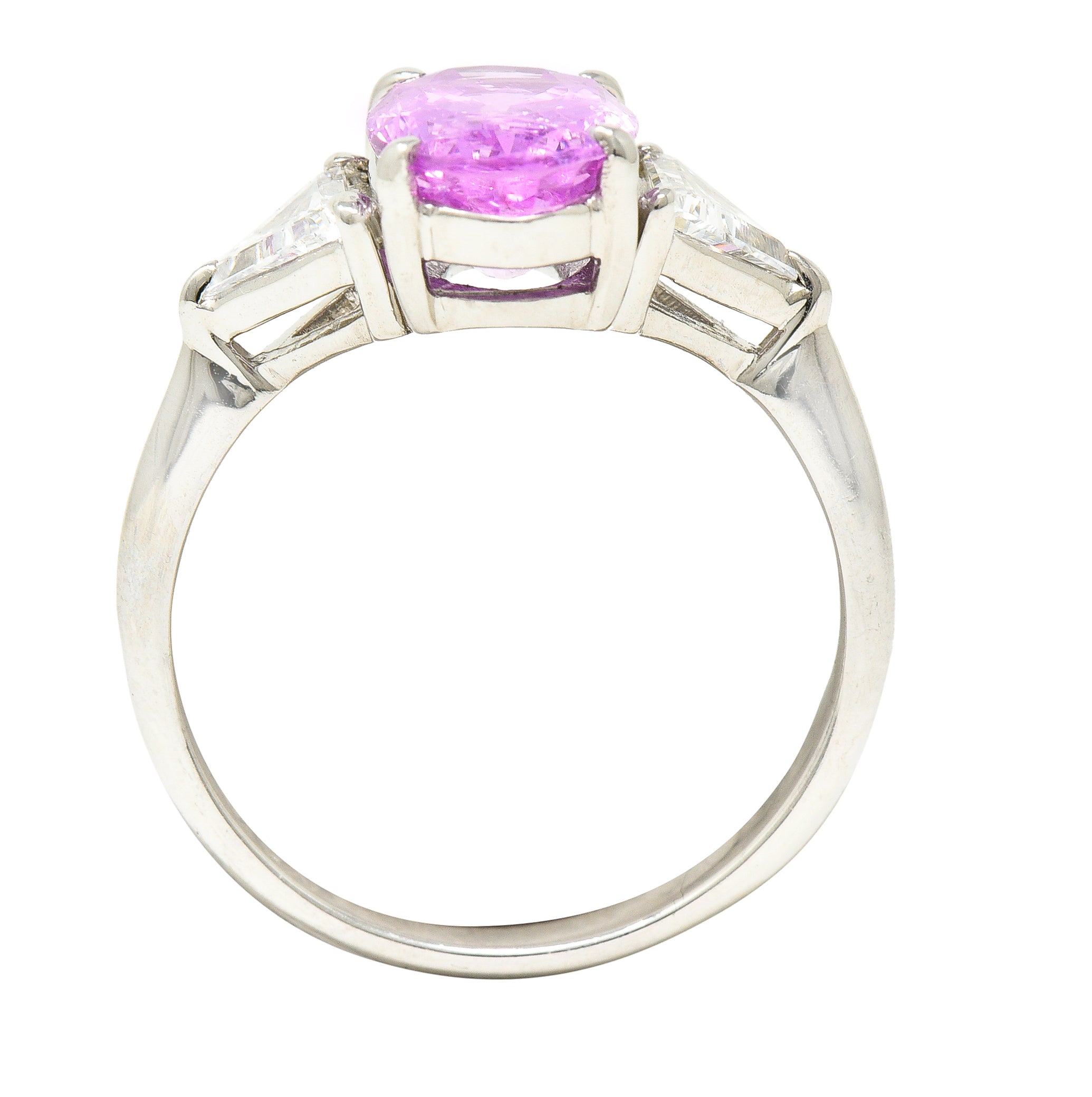 .11111 *Contemporary 4.21 CTW Oval Cut No-Heat Sri Lankan Pink Sapphire Trillion Cut Diamond Platinum Three Stone Ring GIA Wilson's Estate Jewelry