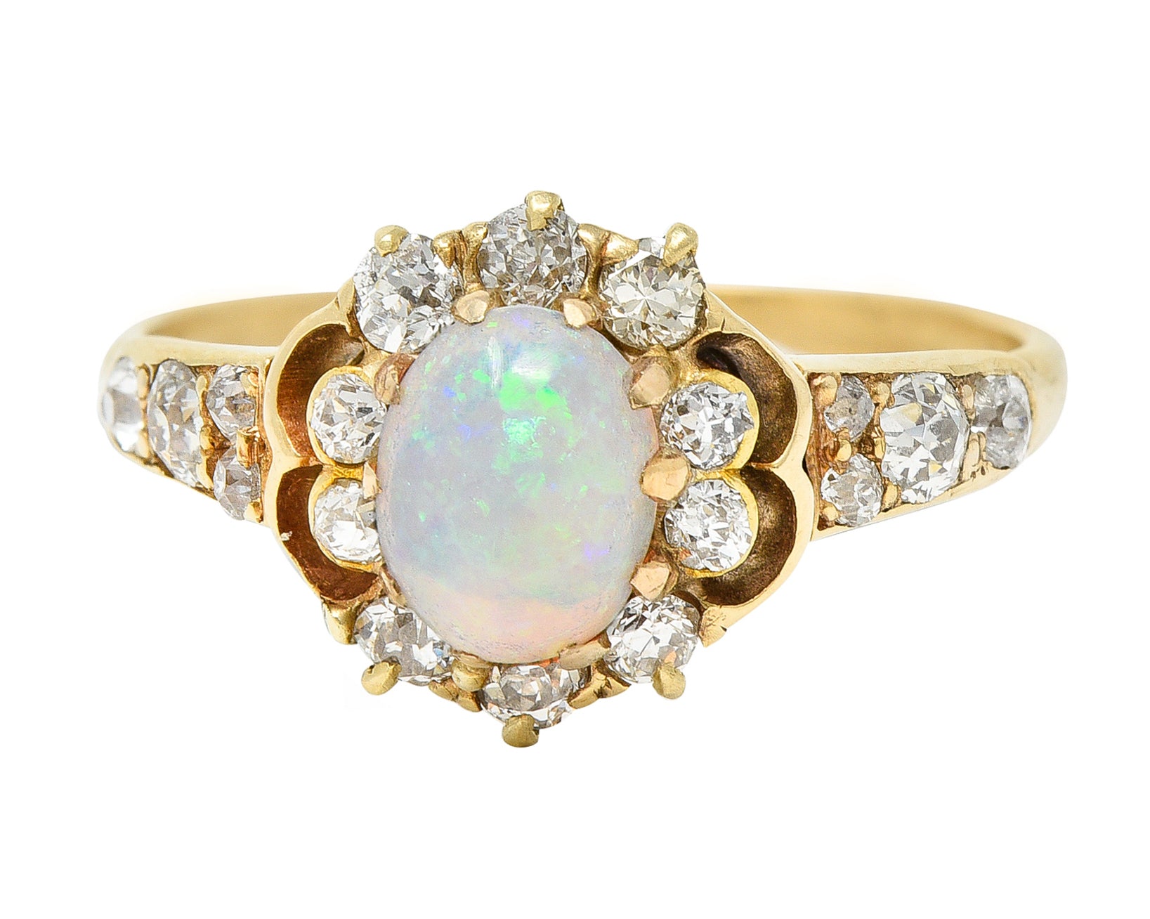 Victorian Opal Diamond 18 Karat Yellow Gold Cluster Gemstone Ring Wilson's Estate Jewelry