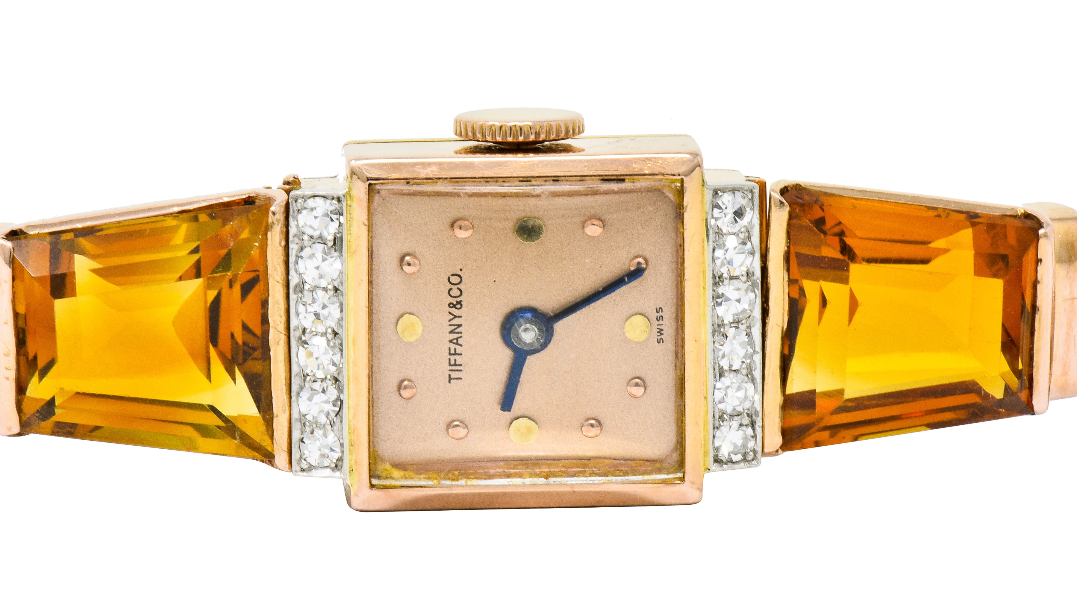 Tiffany & Co. Retro Citrine Diamond 14 Karat Rose Gold Watch Bracelet - Wilson's Estate Jewelry