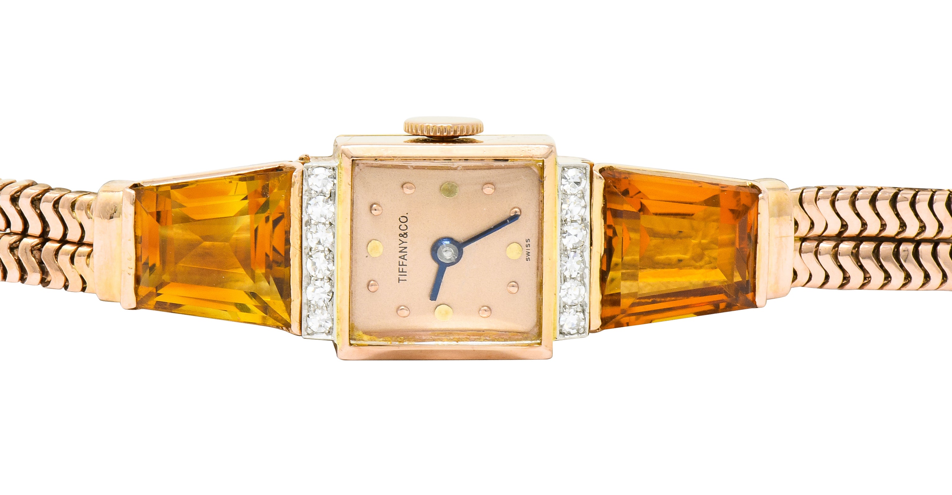 Tiffany & Co. Retro Citrine Diamond 14 Karat Rose Gold Watch Bracelet - Wilson's Estate Jewelry