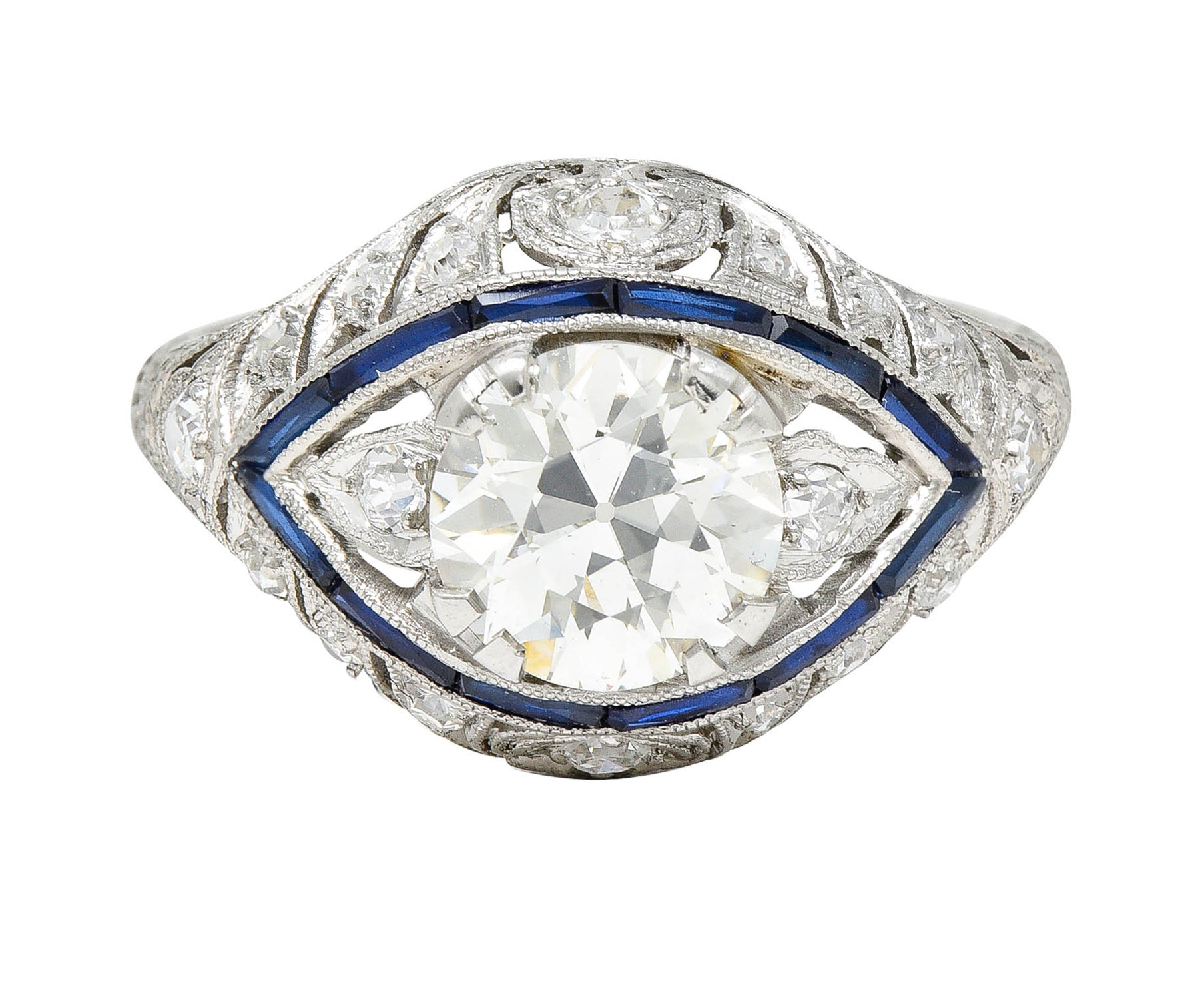 Art Deco 1.80 CTW Old European Cut Diamond Sapphire Platinum Engagement RingRing - Wilson's Estate Jewelry