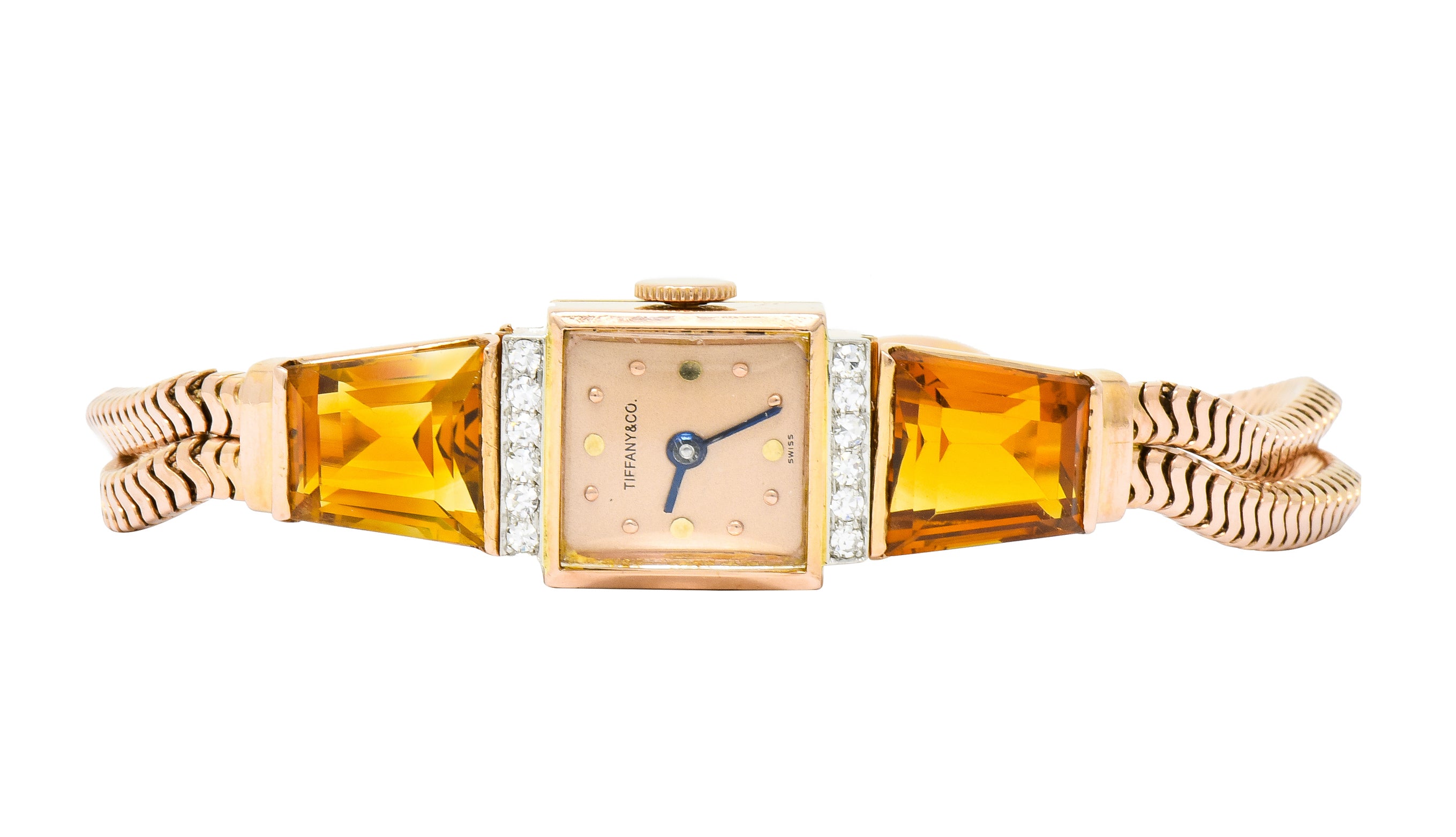 Tiffany & Co. Retro Citrine Diamond 14 Karat Rose Gold Watch Bracelet - Wilson's Estate Jewelry