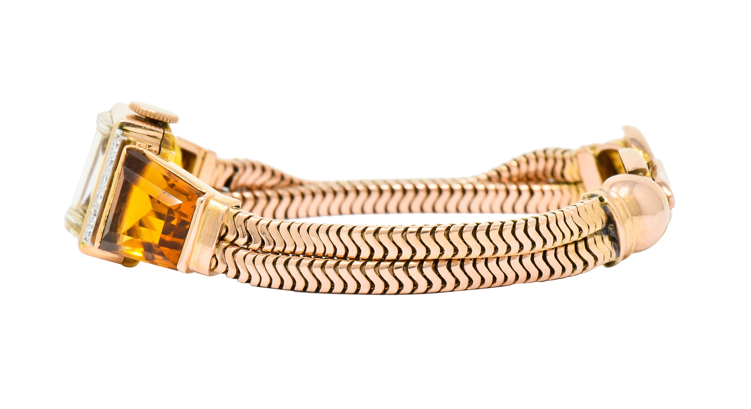 Tiffany & Co. Retro Citrine Diamond 14 Karat Rose Gold Watch Bracelet - Wilson's Estate Jewelry