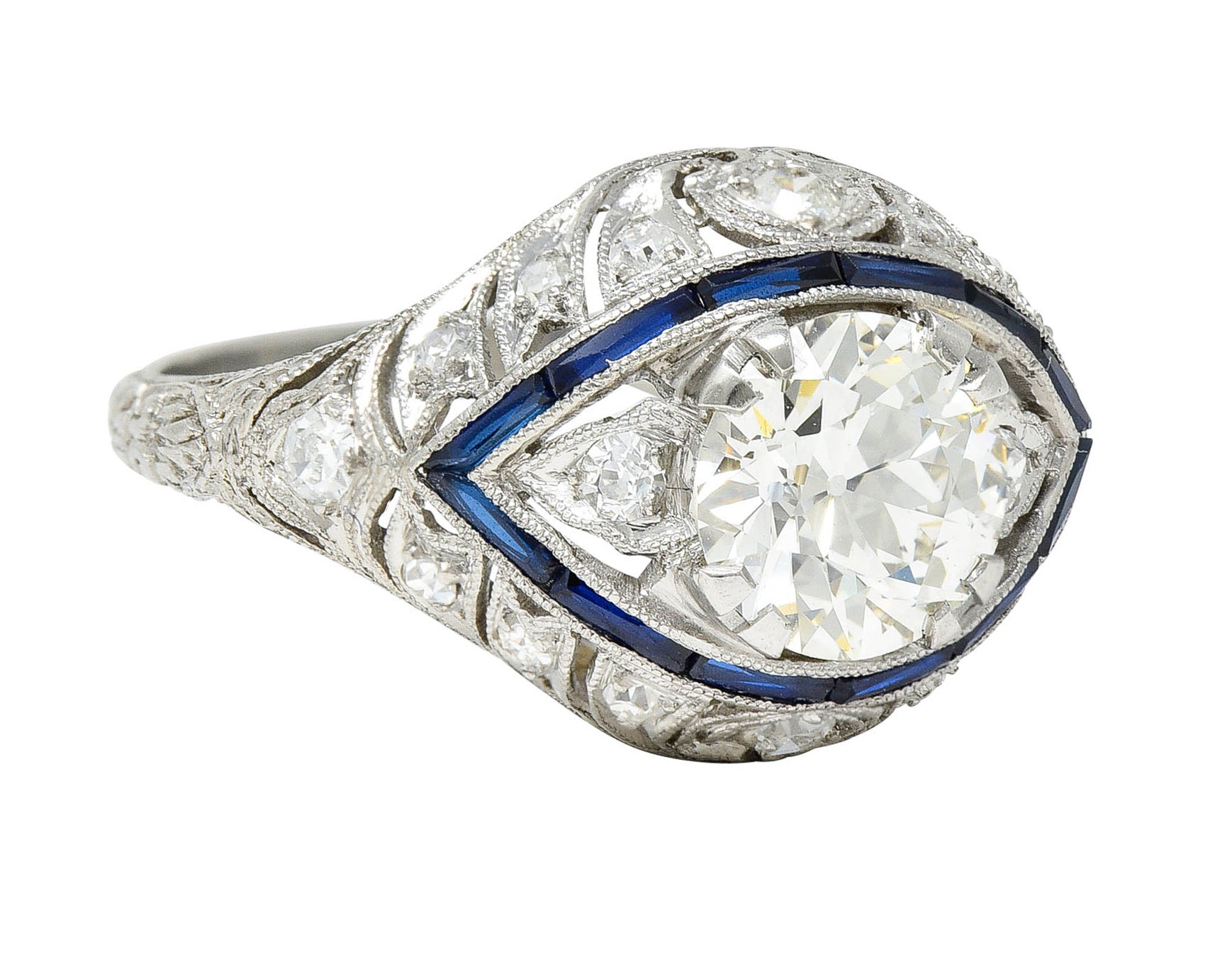 Art Deco 1.80 CTW Old European Cut Diamond Sapphire Platinum Engagement RingRing - Wilson's Estate Jewelry