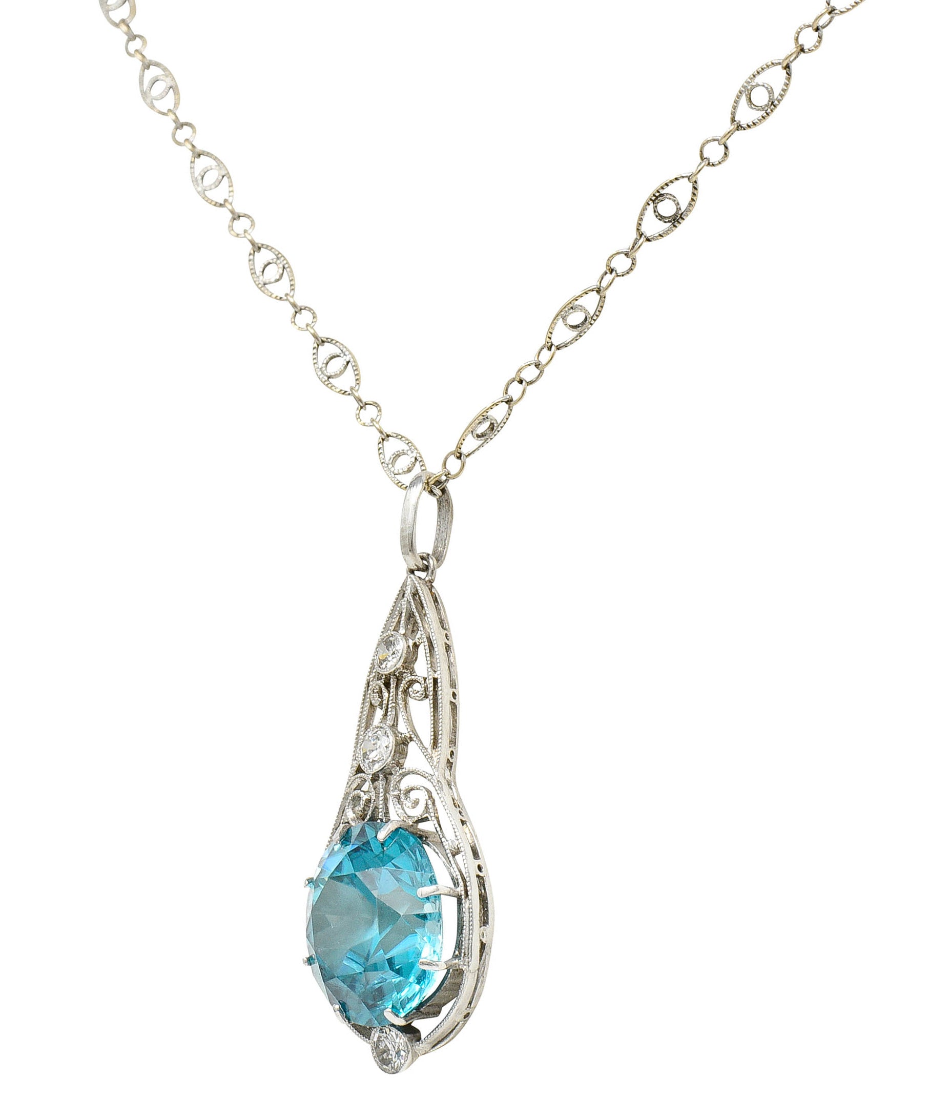 Art Deco Blue Zircon Diamond Platinum Scrolled Pendant NecklaceNecklace - Wilson's Estate Jewelry