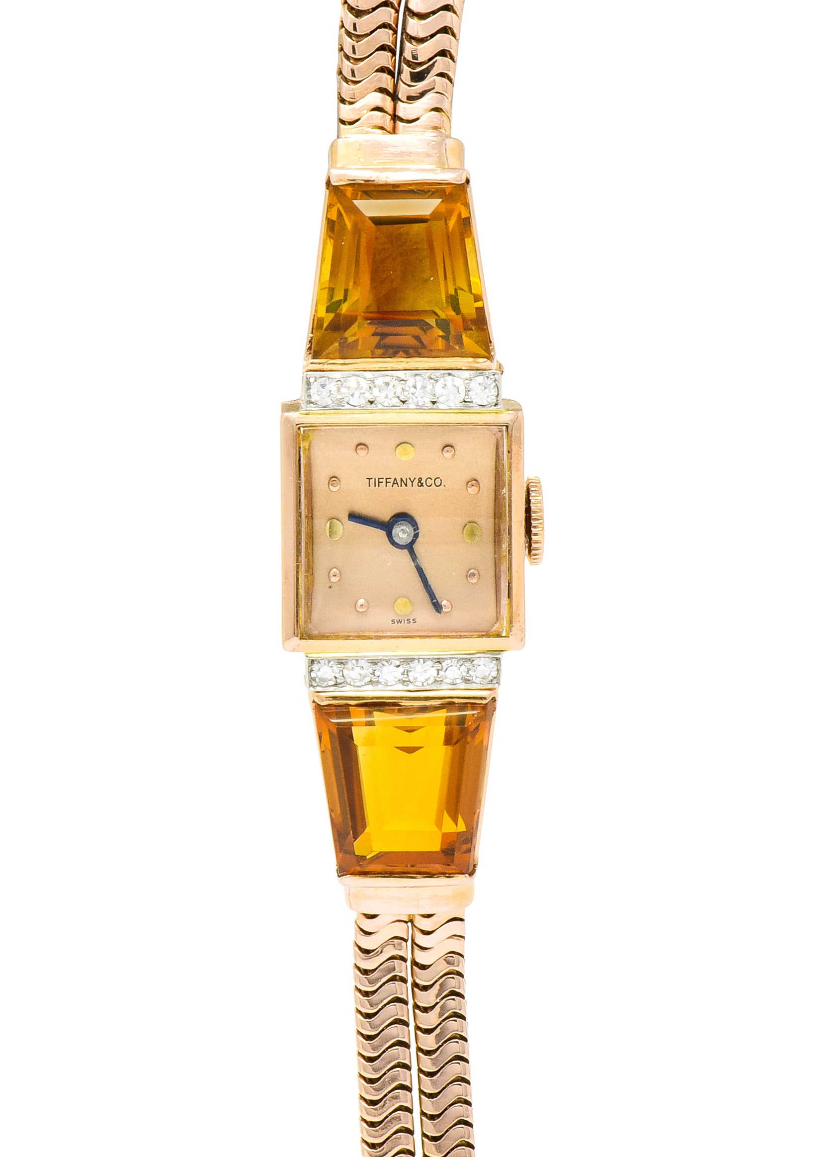 Tiffany & Co. Retro Citrine Diamond 14 Karat Rose Gold Watch Bracelet - Wilson's Estate Jewelry