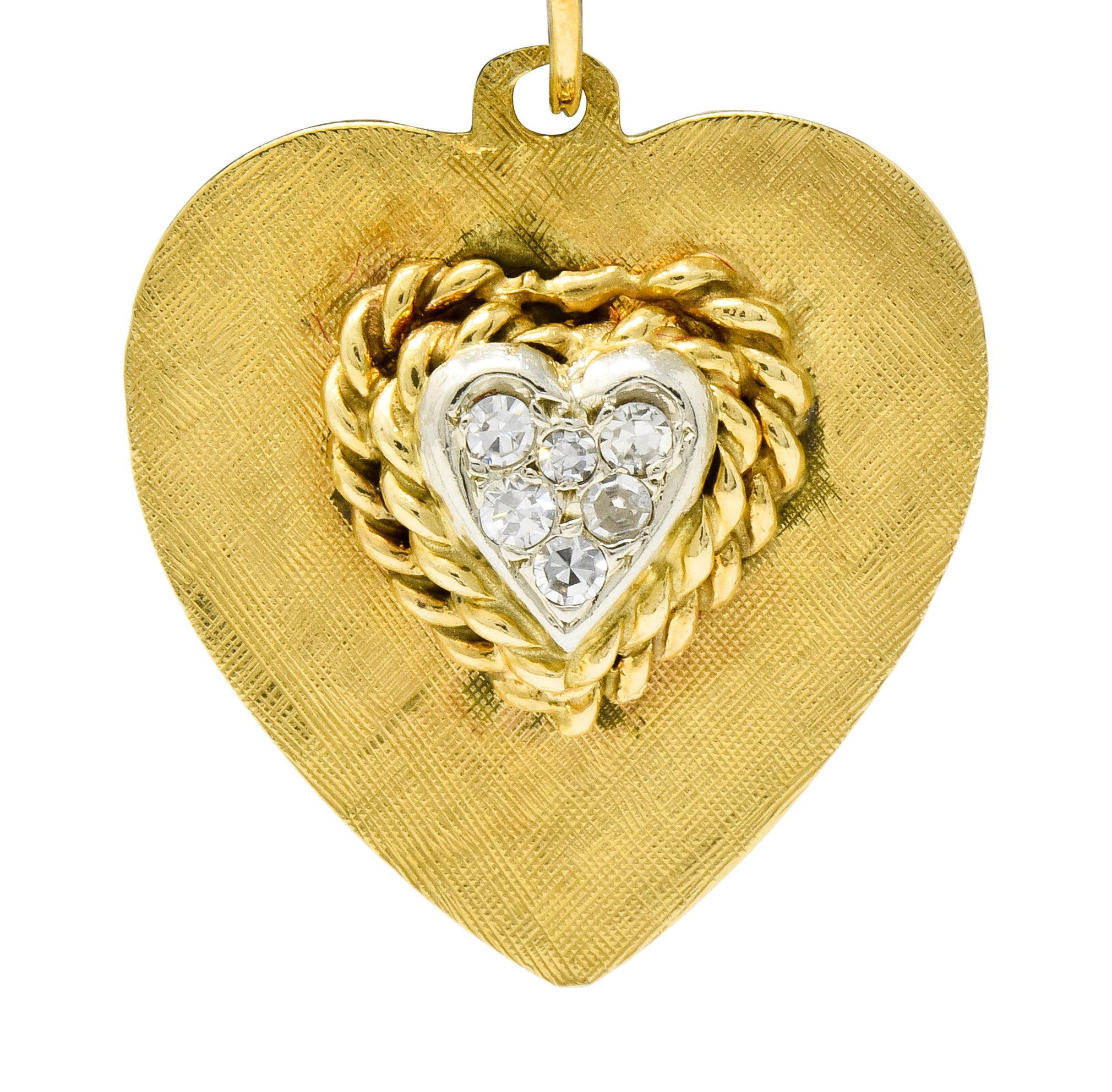 Retro Pave Diamond Platinum-Topped 14 Karat Gold Heart Charm - Wilson's Estate Jewelry