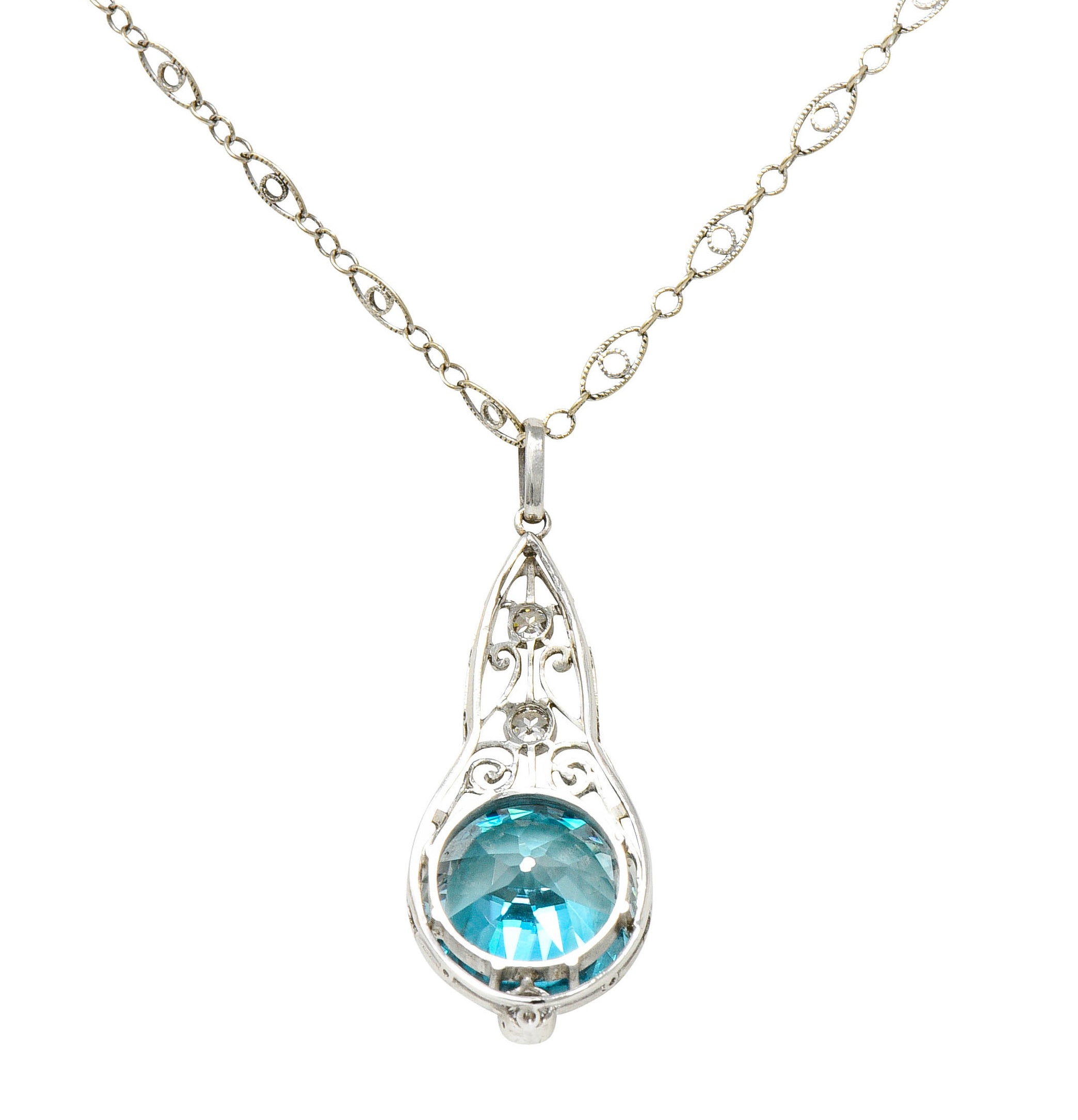 Art Deco Blue Zircon Diamond Platinum Scrolled Pendant NecklaceNecklace - Wilson's Estate Jewelry