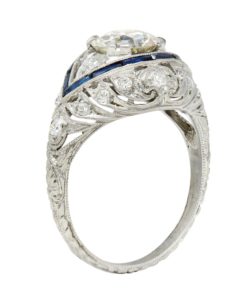 Art Deco 1.80 CTW Old European Cut Diamond Sapphire Platinum Engagement RingRing - Wilson's Estate Jewelry