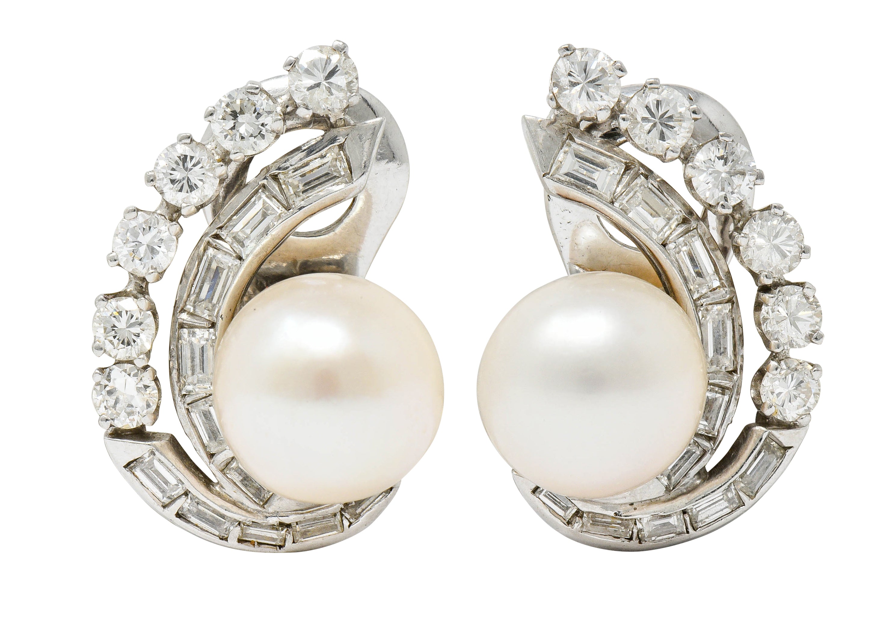 Mid Century Pearl 1.78 CTW Diamond Platinum Ear-Clip EarringsEarrings - Wilson's Estate Jewelry