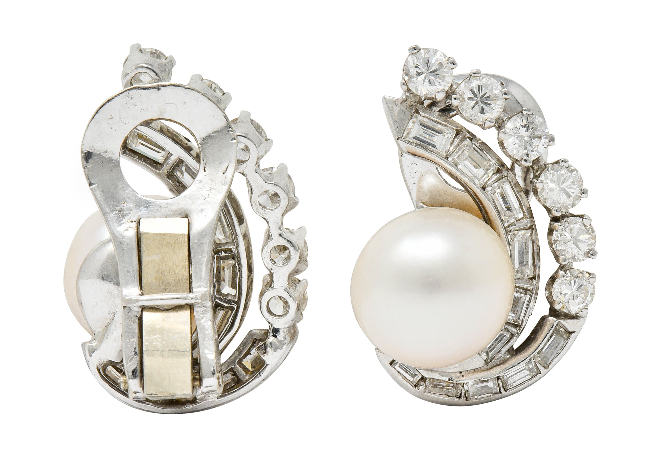 Mid Century Pearl 1.78 CTW Diamond Platinum Ear-Clip EarringsEarrings - Wilson's Estate Jewelry