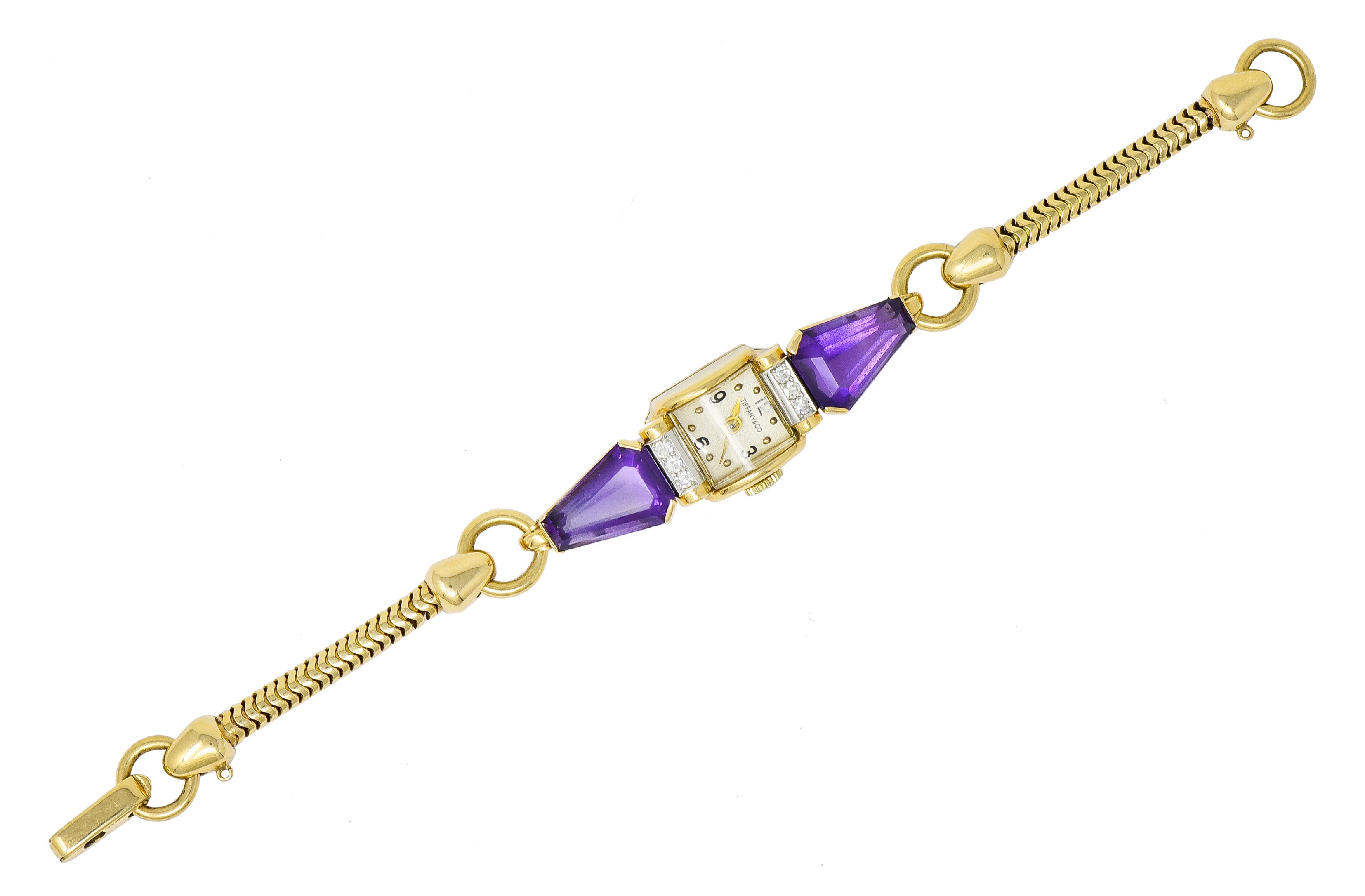 Tiffany & Co. Retro Amethyst Diamond 14 Karat Gold Watch Bracelet - Wilson's Estate Jewelry