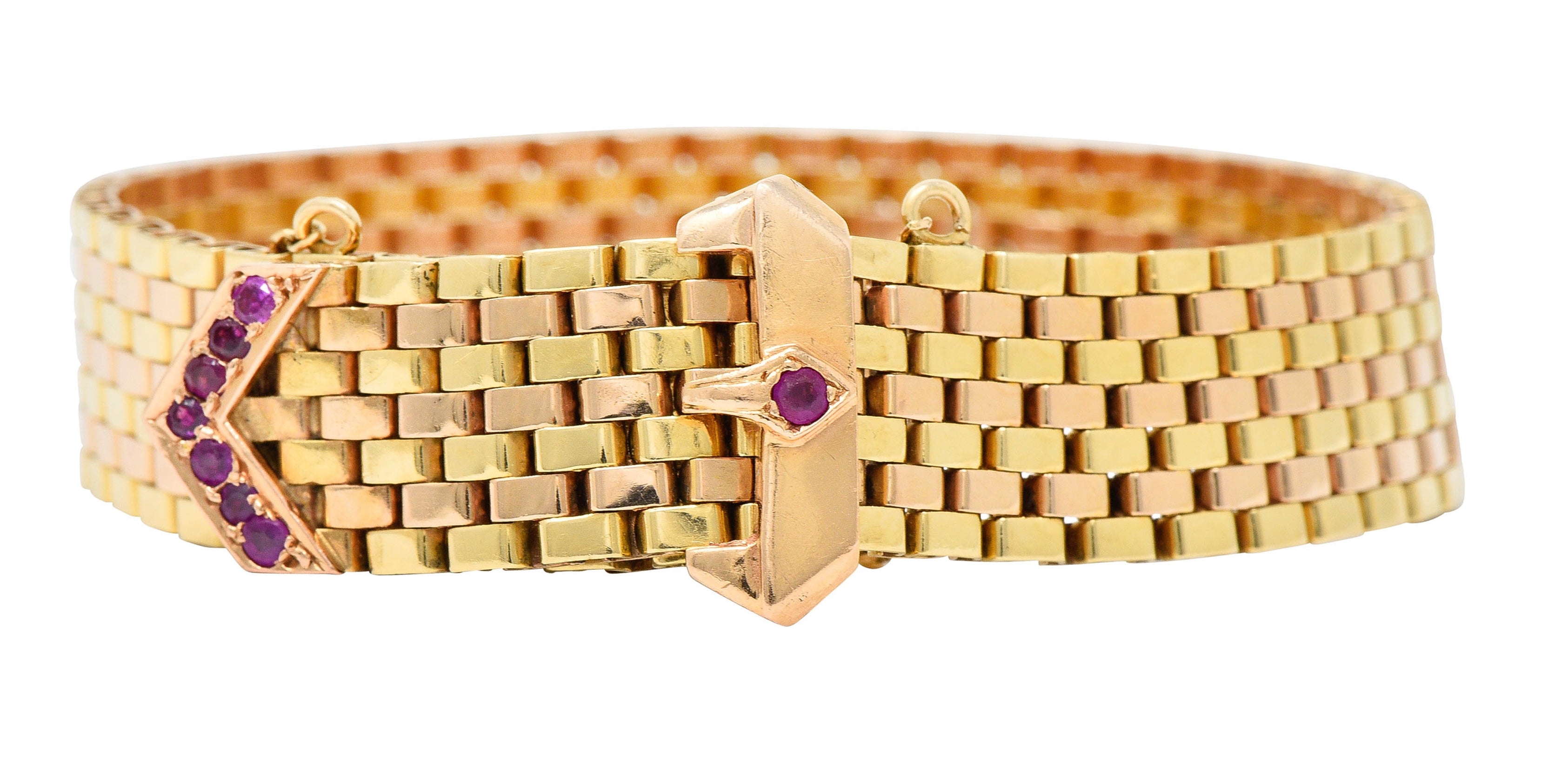 1940's Retro Ruby 14 Karat Two-Tone Gold Buckle Braceletbracelet - Wilson's Estate Jewelry