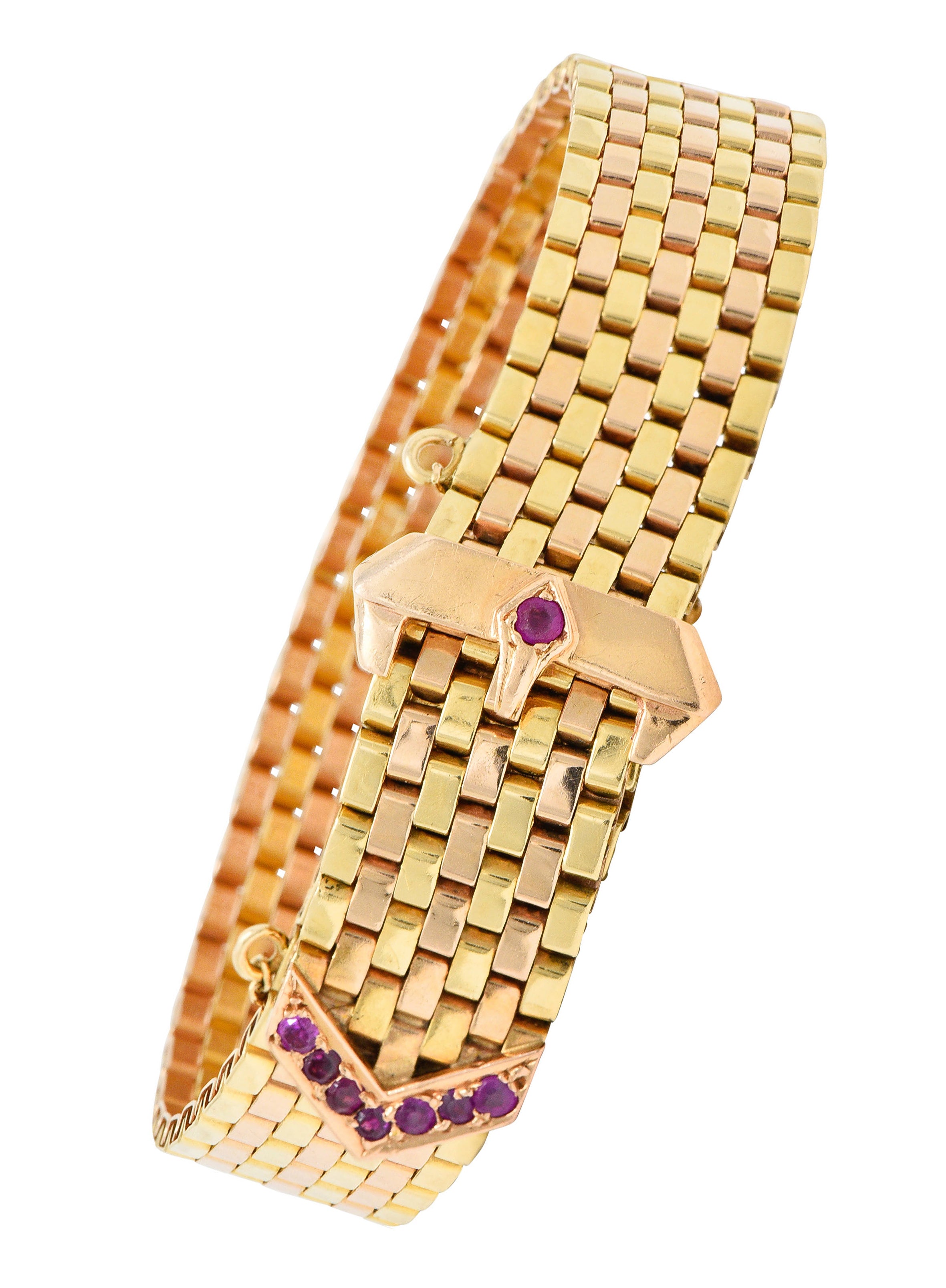 1940's Retro Ruby 14 Karat Two-Tone Gold Buckle Braceletbracelet - Wilson's Estate Jewelry