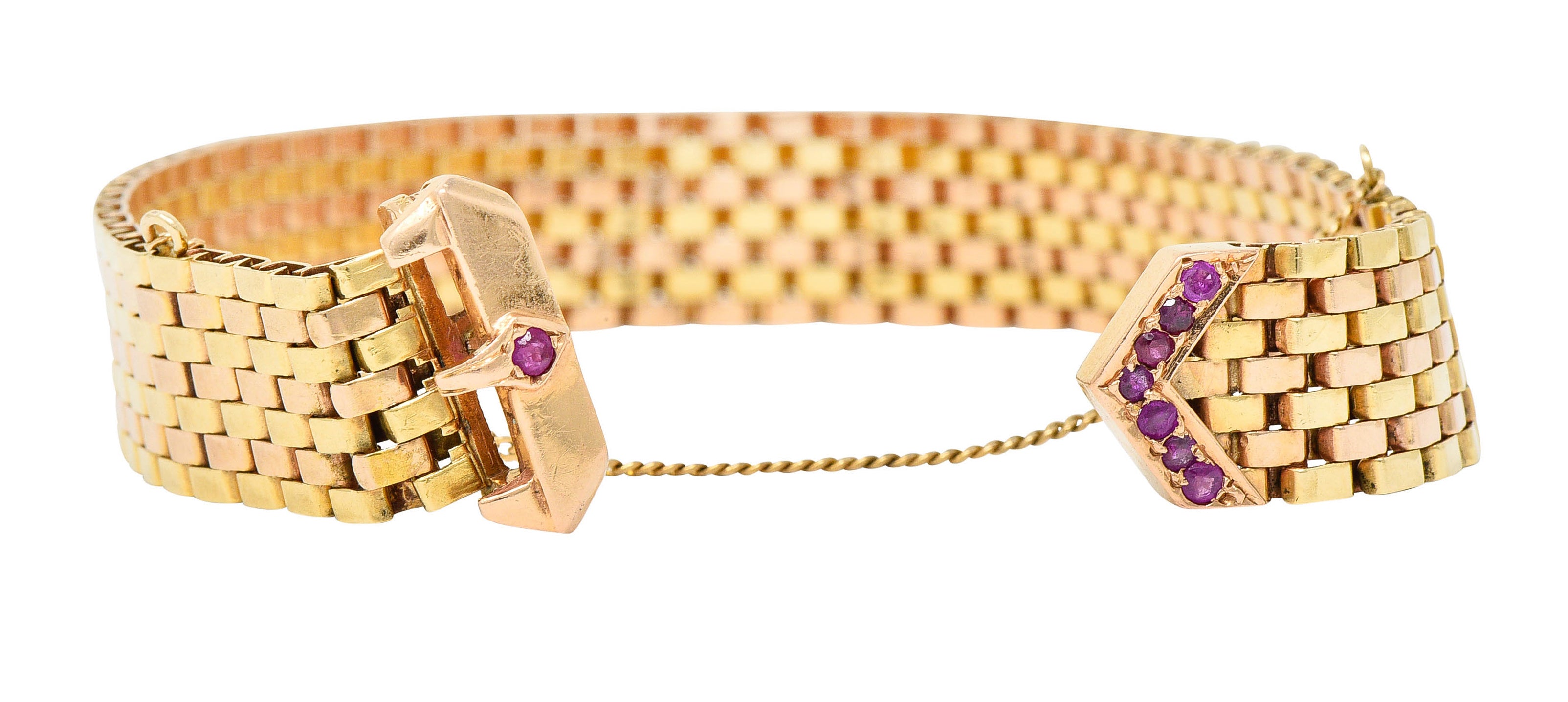 1940's Retro Ruby 14 Karat Two-Tone Gold Buckle Braceletbracelet - Wilson's Estate Jewelry