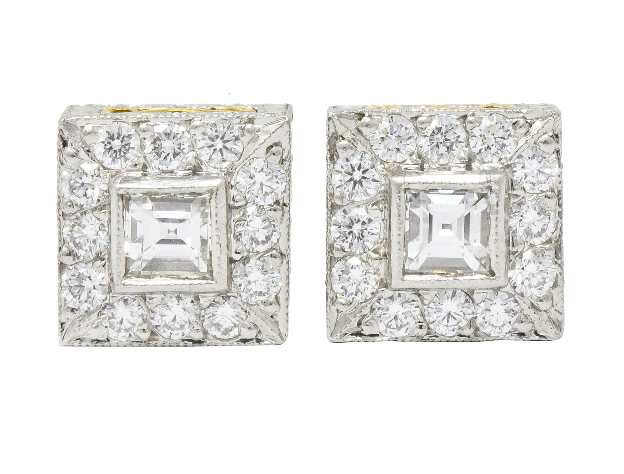 Michael Beaudry Diamond Platinum 18 Karat Gold Square Halo Stud Earrings - Wilson's Estate Jewelry