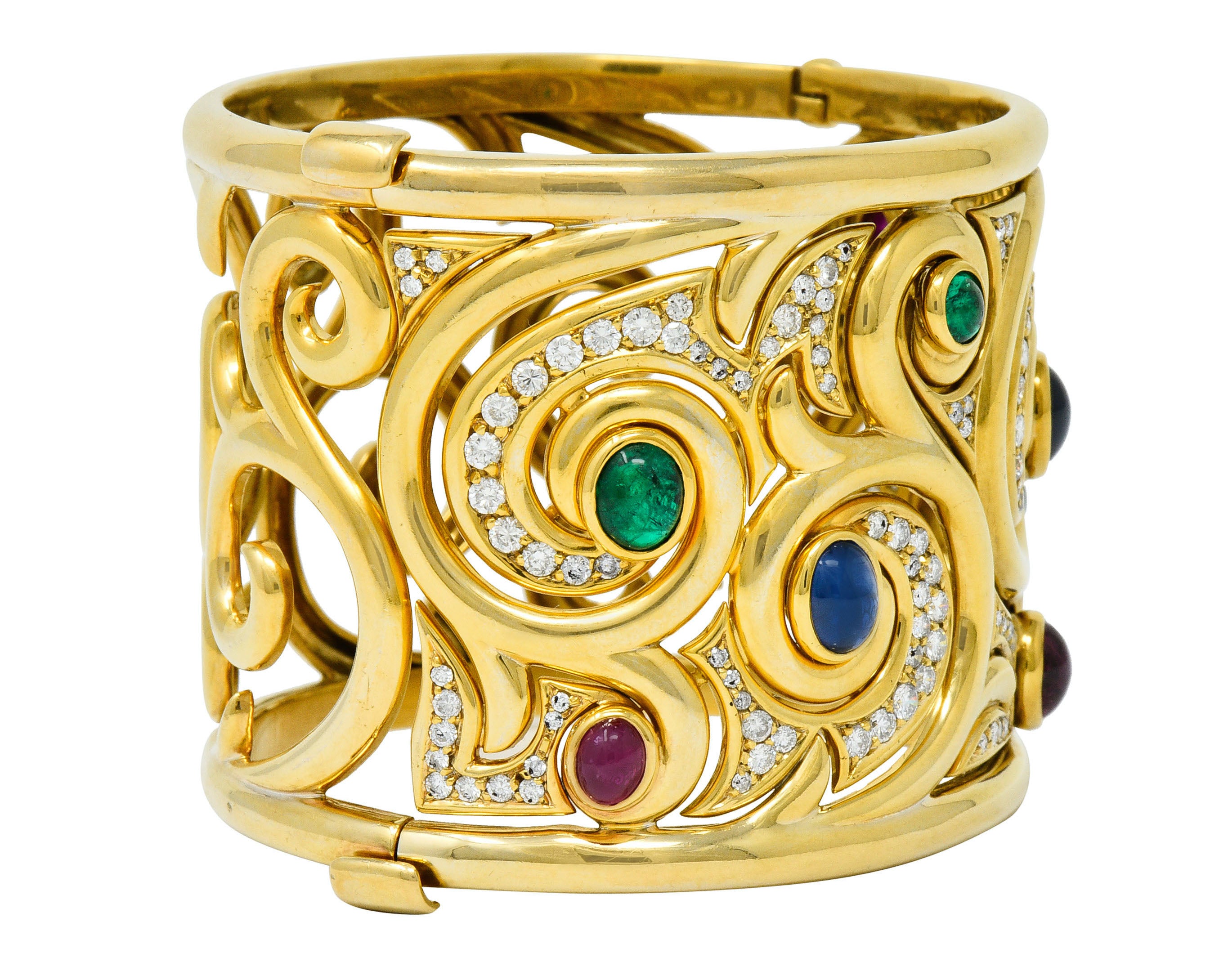 Substantial Bulgari Diamond Sapphire Ruby Emerald 18 Karat Gold Italian Filigree Bangle Braceletbracelet - Wilson's Estate Jewelry