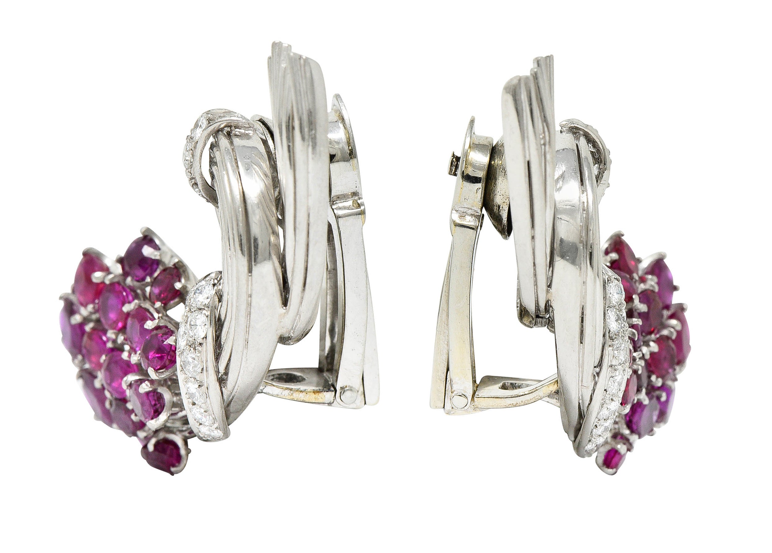 Retro 4.65 CTW Ruby Diamond Platinum Spiraling Ear-Clip EarringsEarrings - Wilson's Estate Jewelry