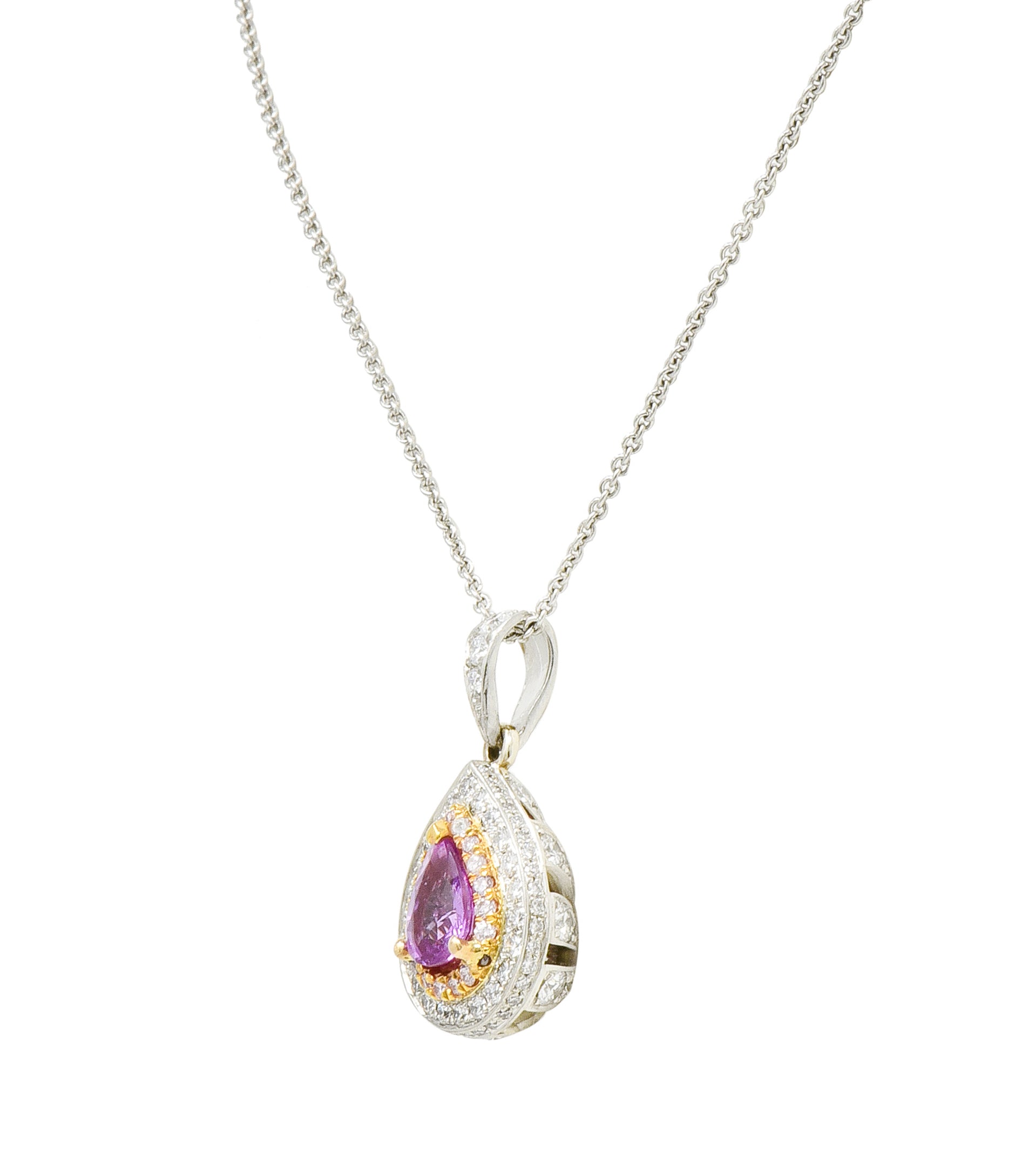 Charles Krypell Pink Sapphire Pink and White Diamond 18 Karat Two-Tone Gold Pear Drop Pendant - Wilson's Estate Jewelry