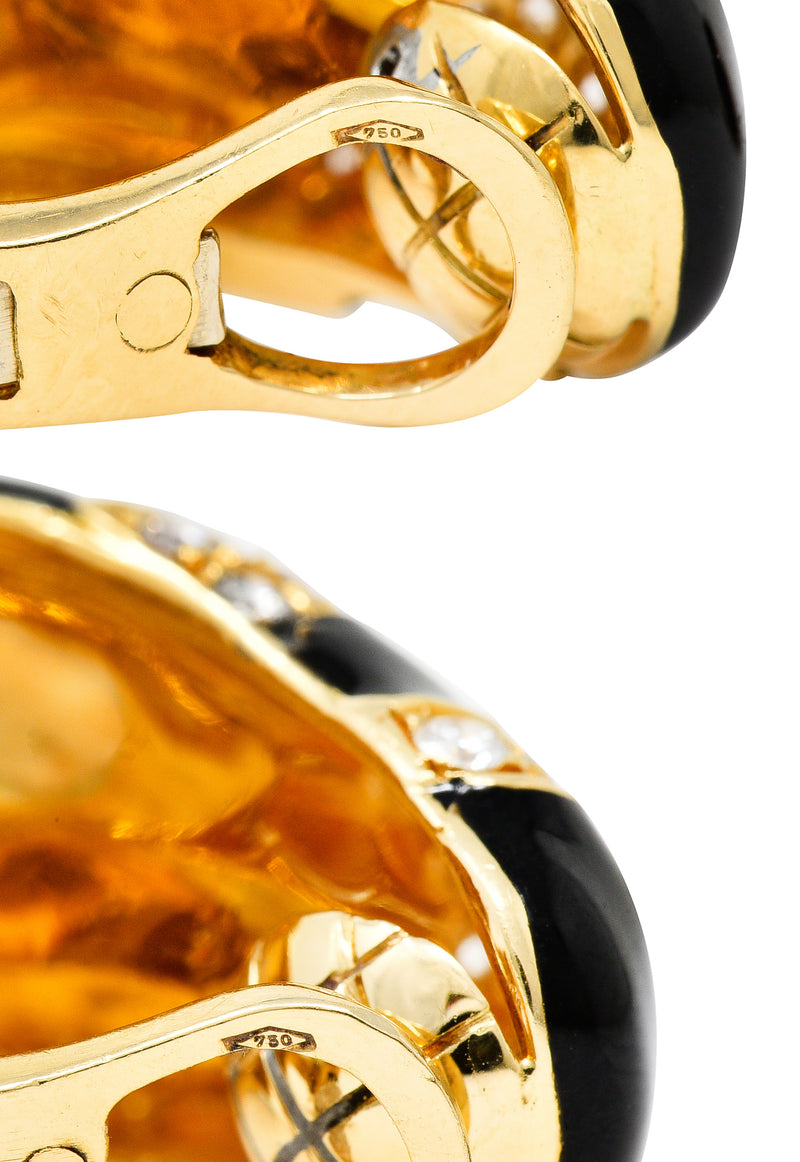 Vintage 2.50 CTW Diamond Enamel 18 Karat Yellow Gold Patterned Ear-Clip J-Hoop Earrings Wilson's Estate Jewelry