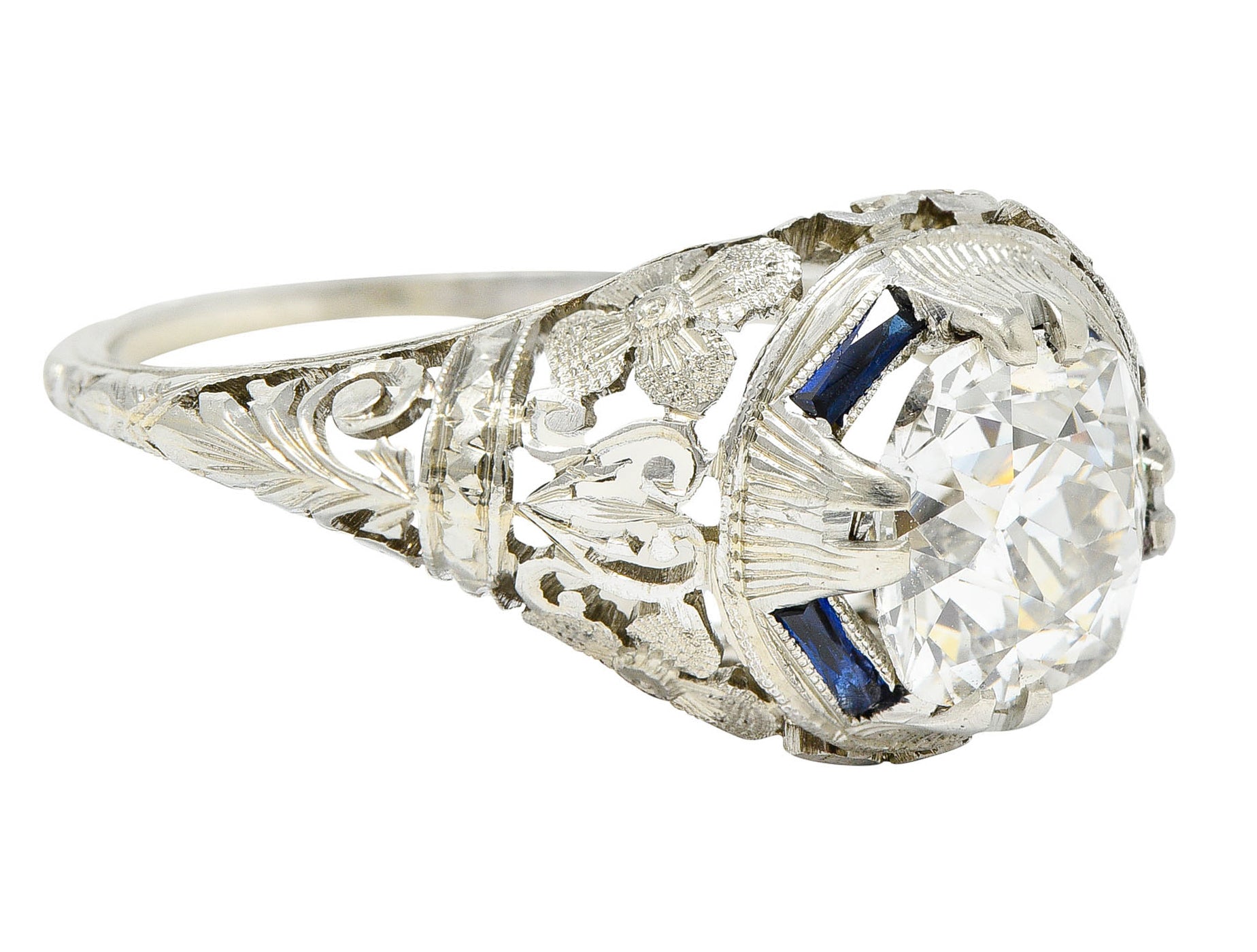 1920's Art Deco 1.76 CTW Diamond Sapphire 18 Karat White Gold Floral Engagement RingRing - Wilson's Estate Jewelry