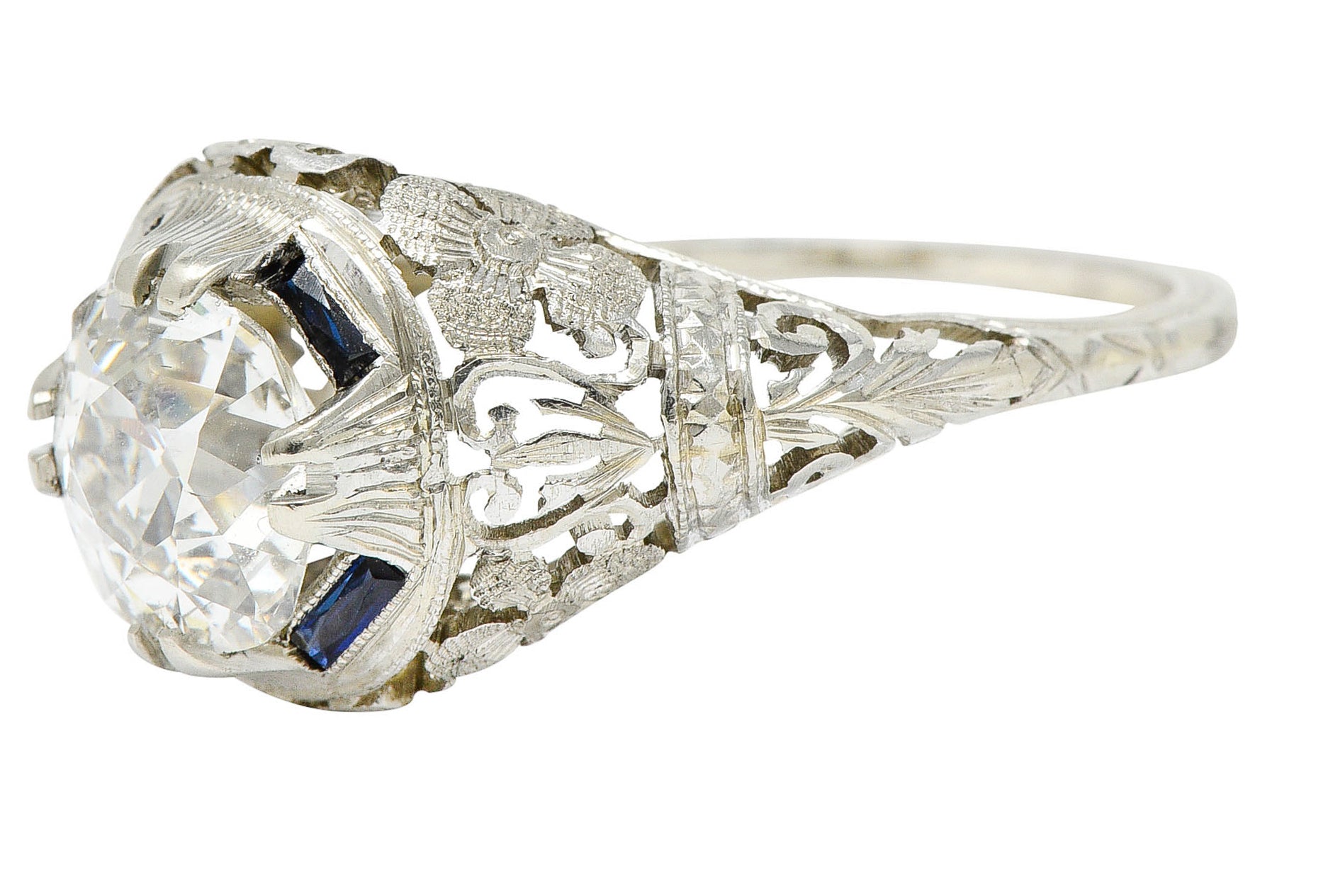 1920's Art Deco 1.76 CTW Diamond Sapphire 18 Karat White Gold Floral Engagement RingRing - Wilson's Estate Jewelry