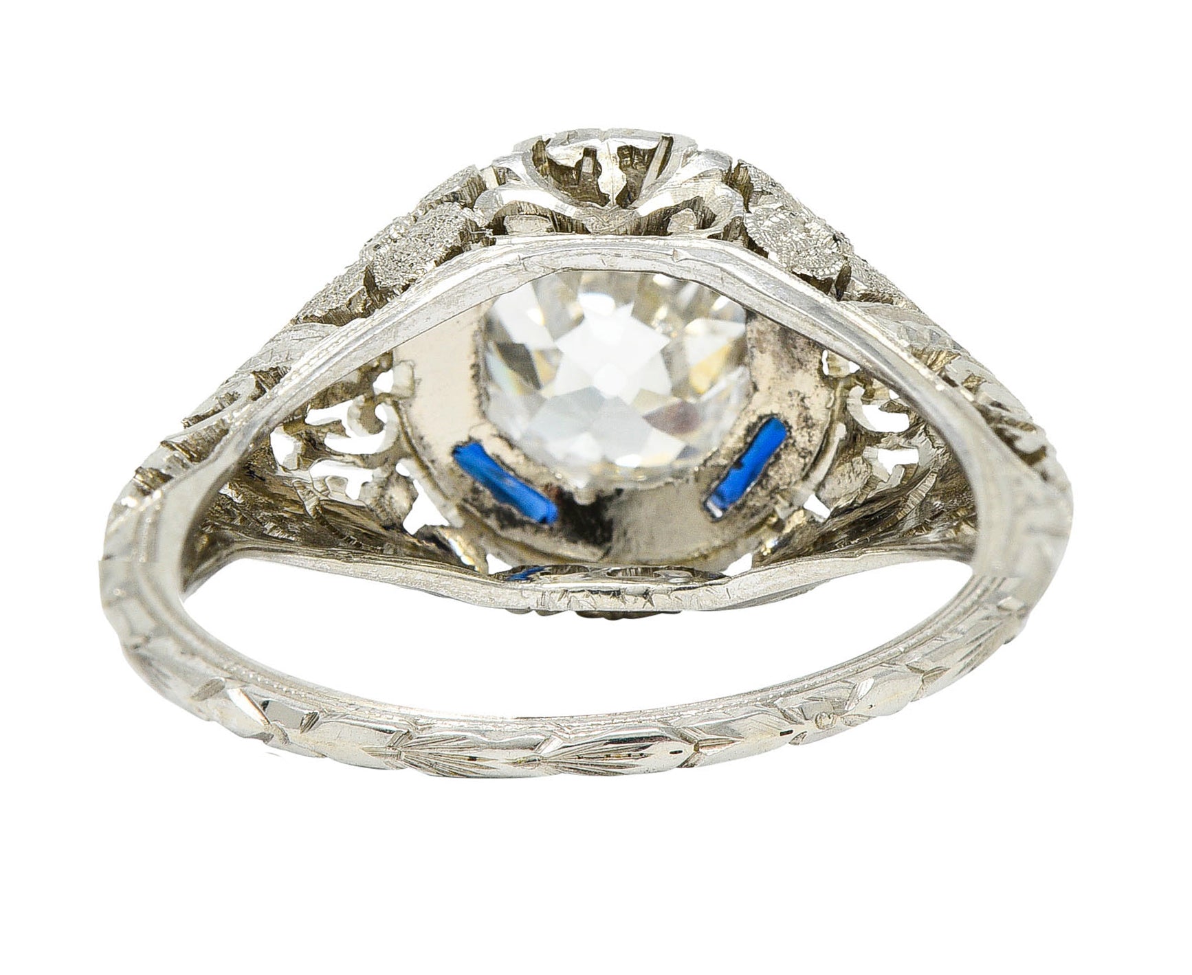 1920's Art Deco 1.76 CTW Diamond Sapphire 18 Karat White Gold Floral Engagement RingRing - Wilson's Estate Jewelry