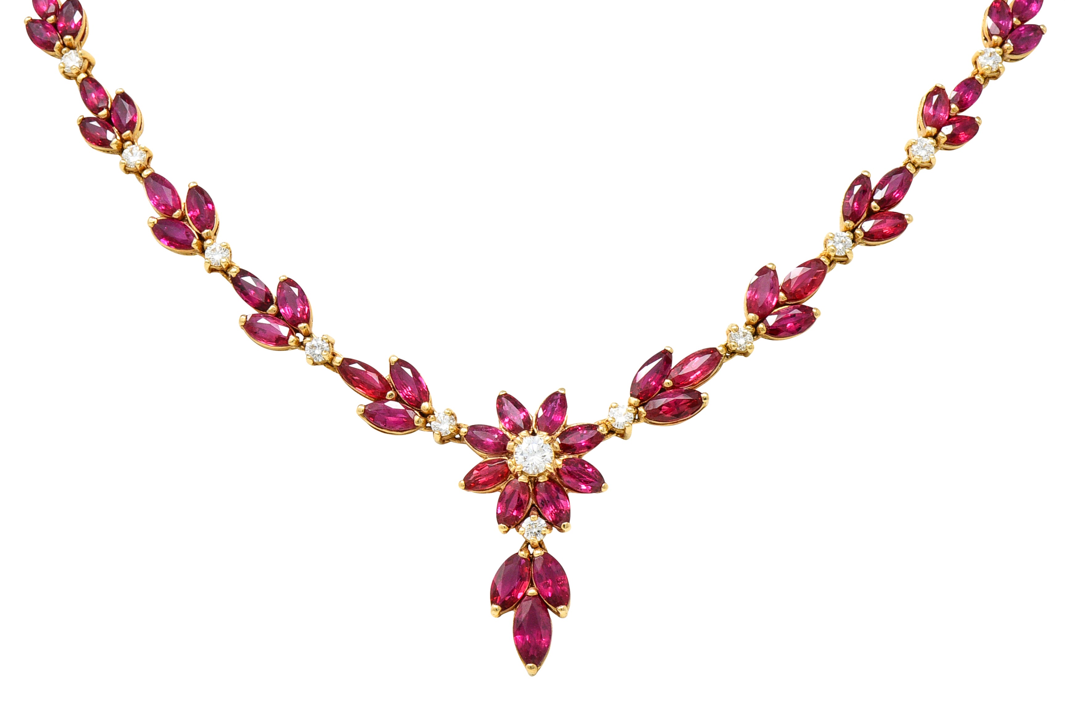 Vintage 11.50 CTW Ruby Diamond 18 Karat Yellow Gold Floral Cluster Station Necklace Wilson's Estate Jewelry