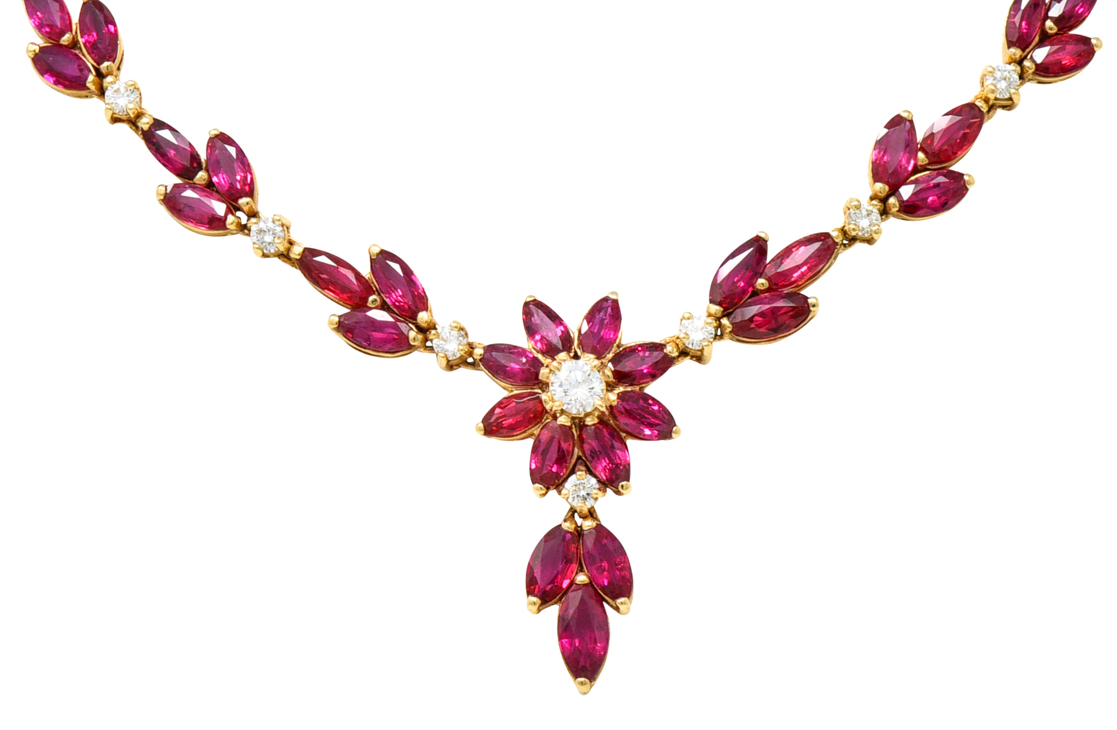 Vintage 11.50 CTW Ruby Diamond 18 Karat Yellow Gold Floral Cluster Station Necklace Wilson's Estate Jewelry