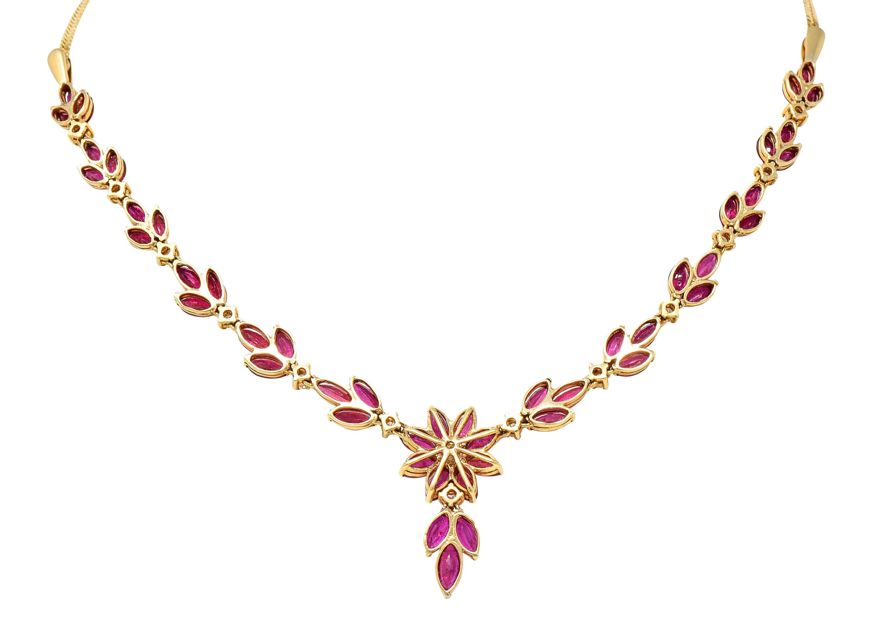 Vintage 11.50 CTW Ruby Diamond 18 Karat Yellow Gold Floral Cluster Station Necklace Wilson's Estate Jewelry