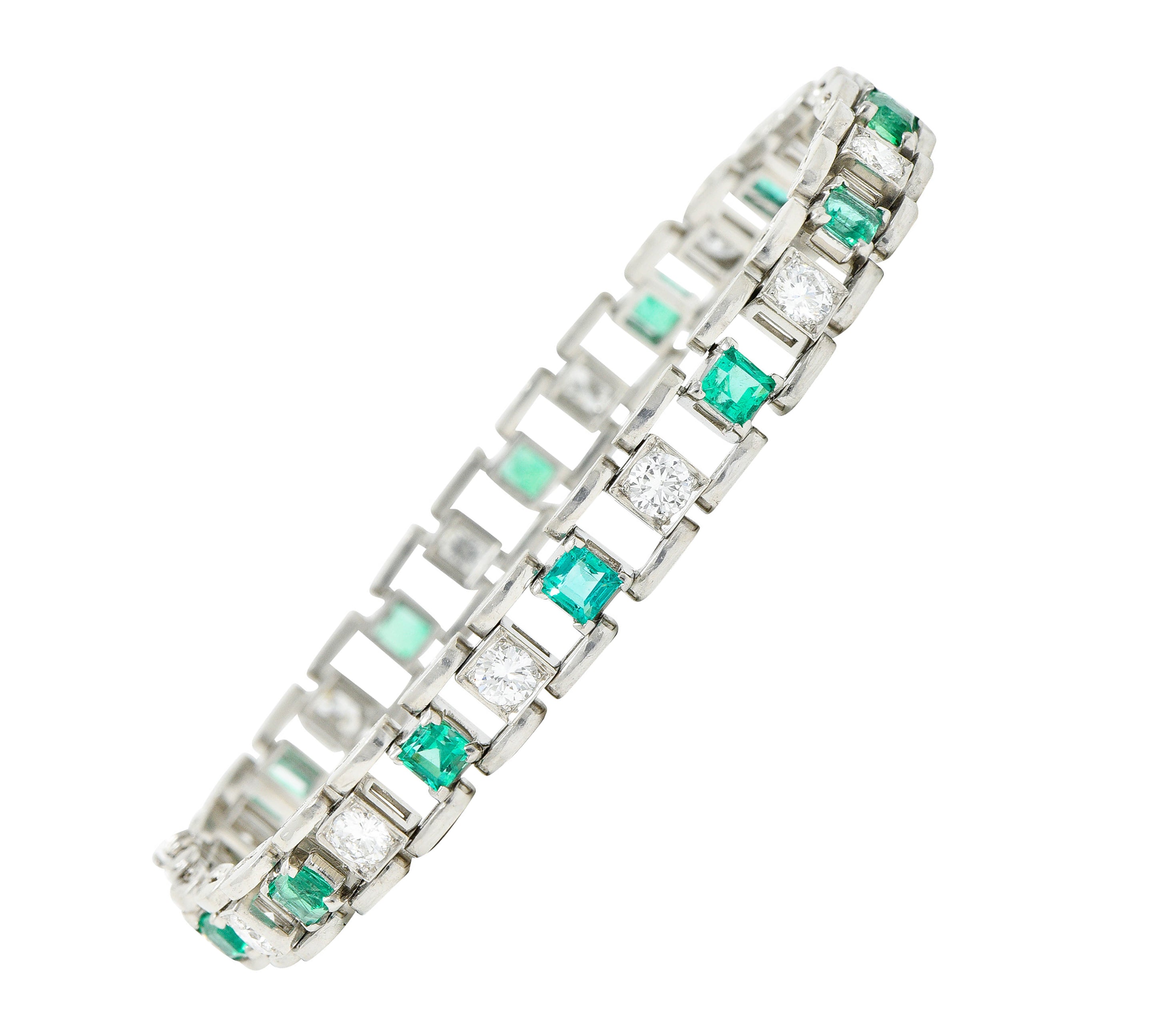 Mid-Century 5.45 CTW Diamond Emerald Platinum Link Braceletbracelet - Wilson's Estate Jewelry
